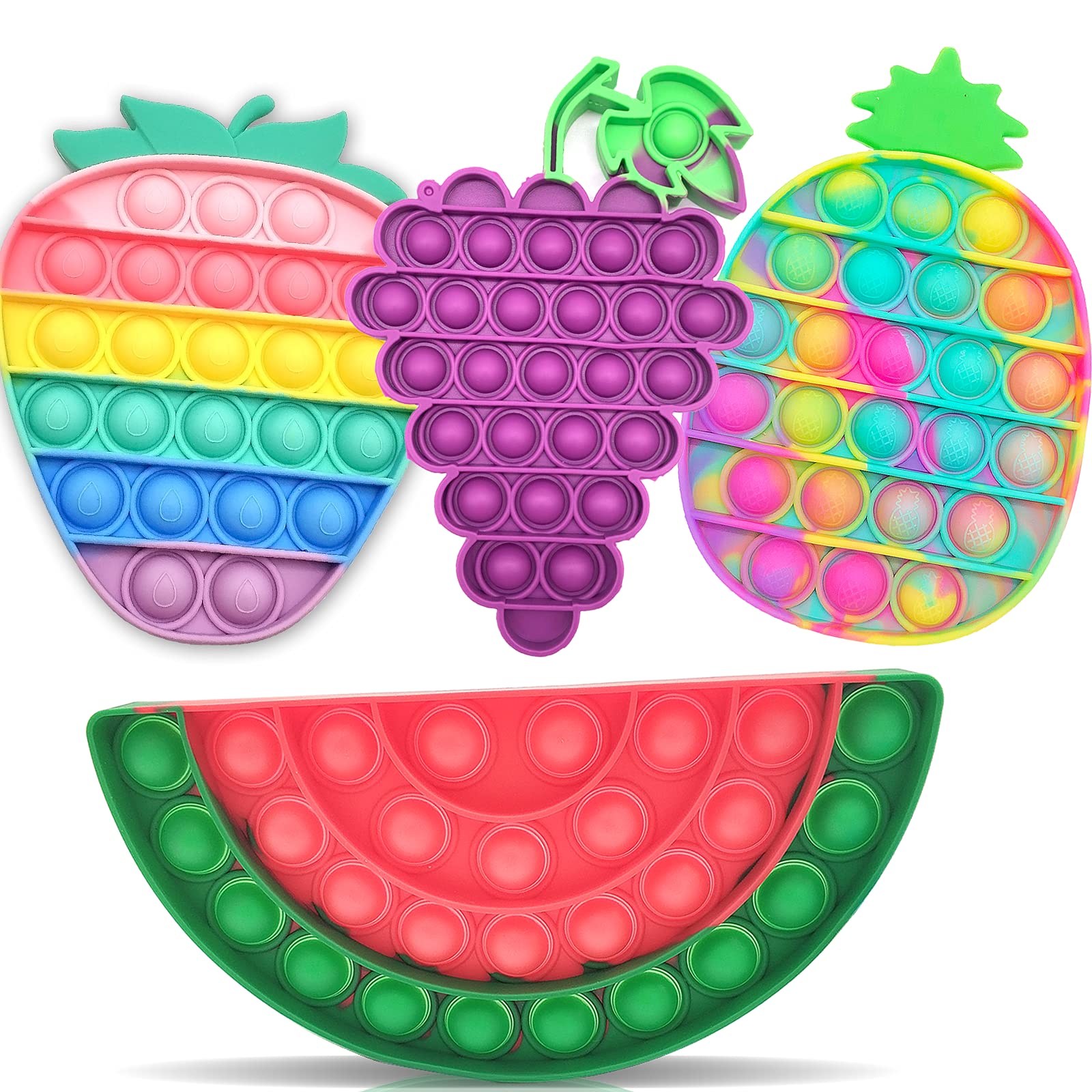 QETRABONE 4 Pack Fruit Shaped Pop Fidget Toys Set - Pineapple, Grape, Watermelon & Strawberry Push Bubble Sensory Toys for Stress Relief, Anxiety, Autism, Kids & Adults - Fun Desk & Travel Fidget Toys