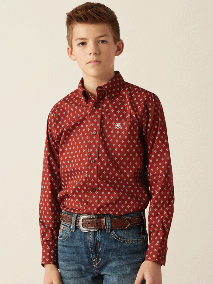 Ariat Kids Pax Classic Fit Shirt - Burgundy Red Long Sleeve Button-Up for Boys & Girls | School, Playdates & Outdoor Activities
