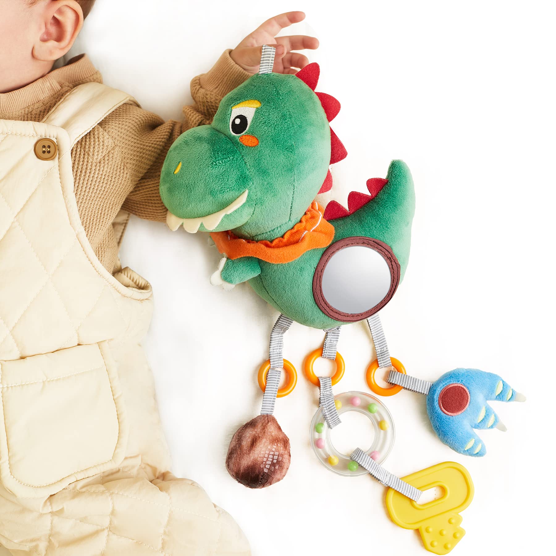 Dinosaur Hanging Rattle & Sensory Toys for Babies 3-12 Months - Crinkle, Squeaky, Mirror & Bell - Car Seat & Stroller Mobile Toys for Boys & Girls - Perfect for Newborns & Toddlers to Develop Motor Skills & Sensory Exploration