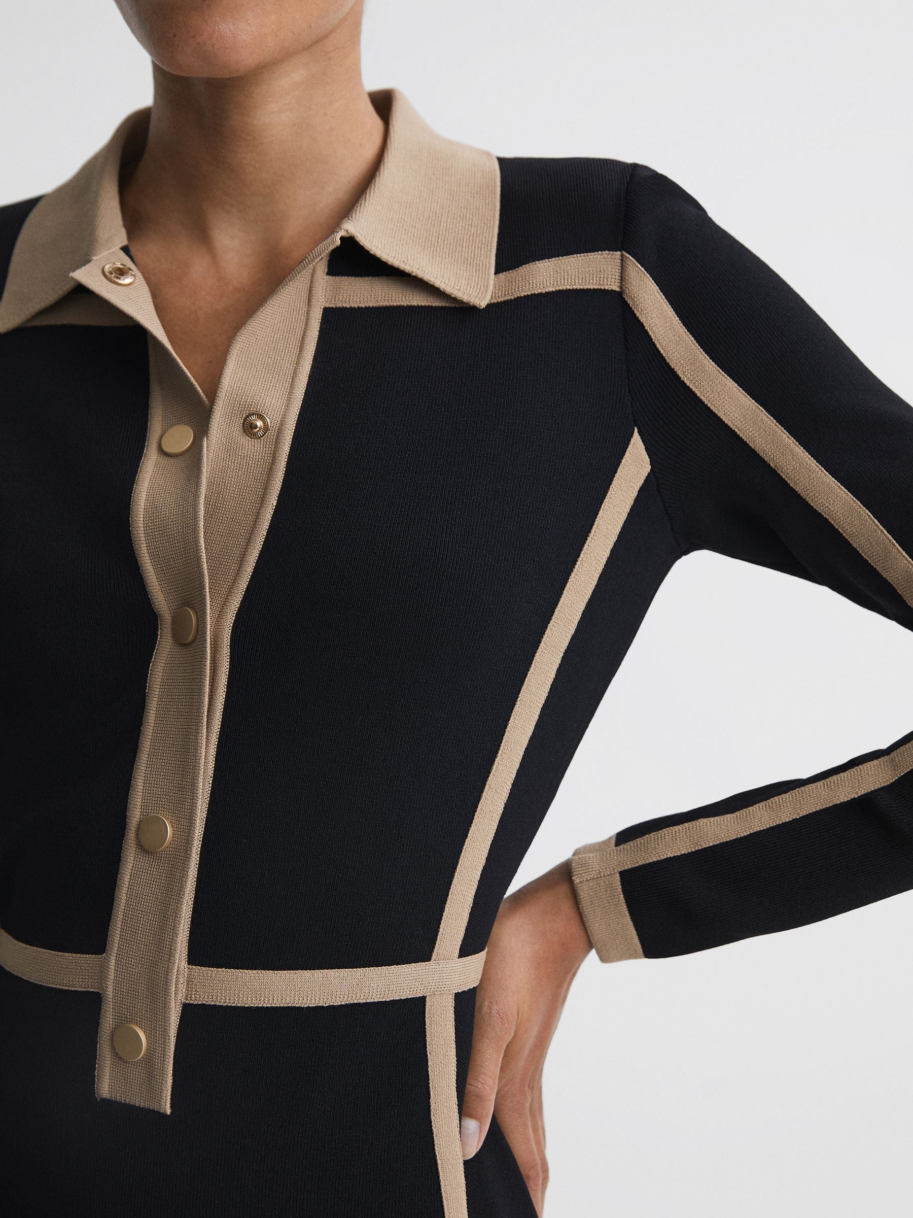 Black & Camel Contrast Trim Press Stud Mini Dress - Stylish & Flattering for Night Out, Party, or Date Night