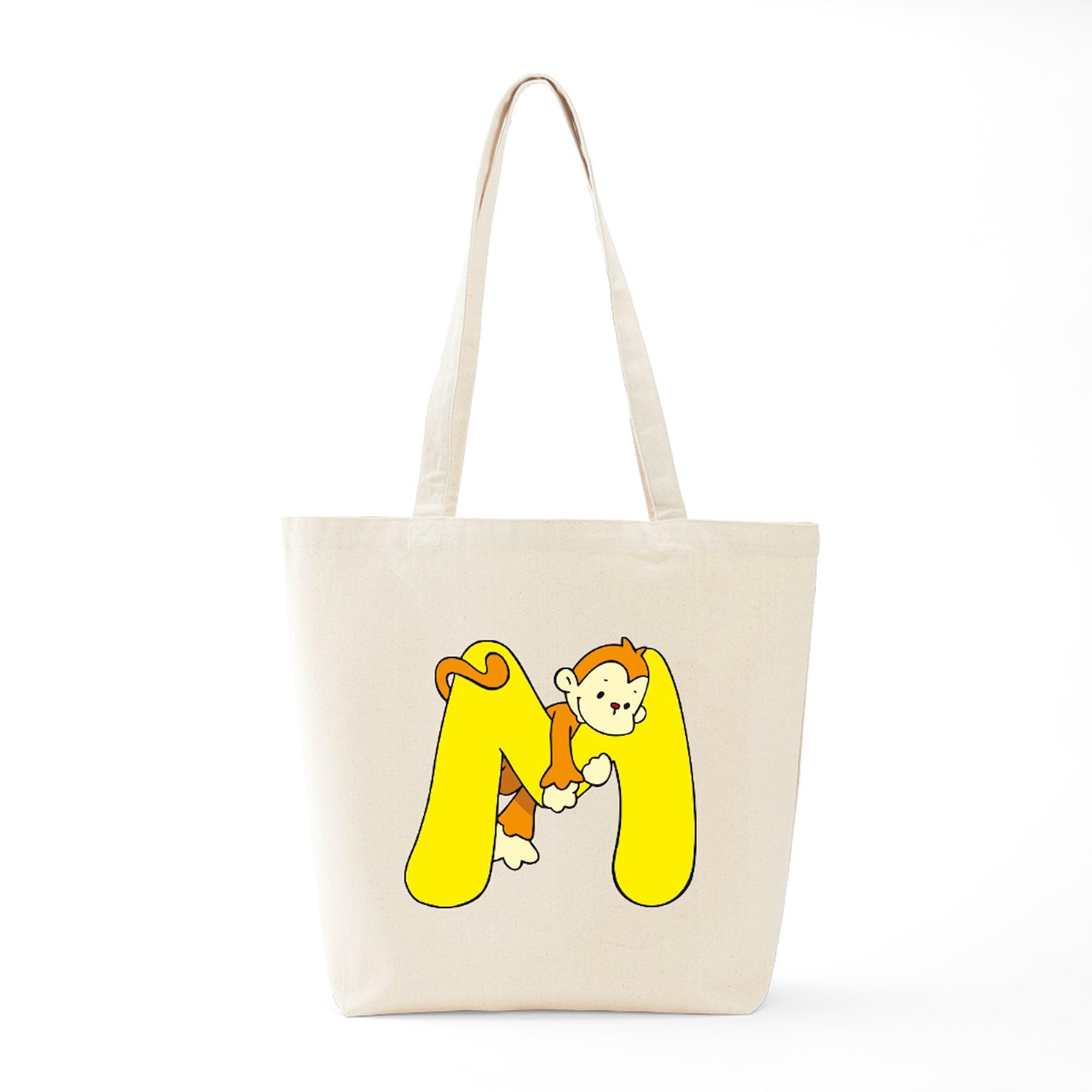 Zoo Alphabet M Monkey Tote Bag - Eco-Friendly Natural Canvas Reusable Shopping Bag for Groceries, Beach & Everyday Use