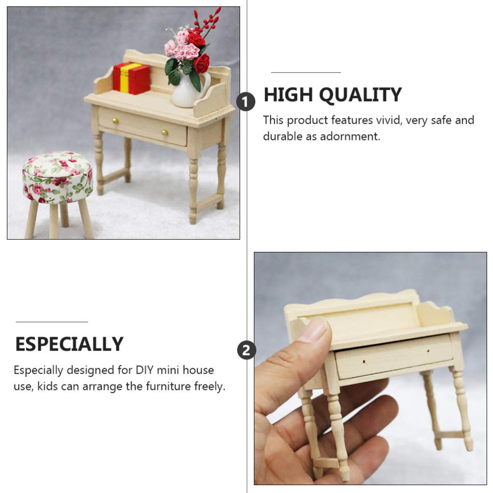 Black Wooden Dollhouse Desk & Vanity Stool - Miniature Kids Furniture for Girls, Model Desk with Mini Chair, Perfect for Dollhouse Decor, Child's Room, and Creative Play Scenes