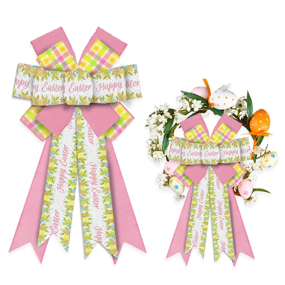 Large Easter Bows for Wreaths - White, Pink Burlap & Yellow Buffalo Plaid Bows - Spring Holiday Decor for Front Door, Easter Tree Topper, Party & Wreath Decoration