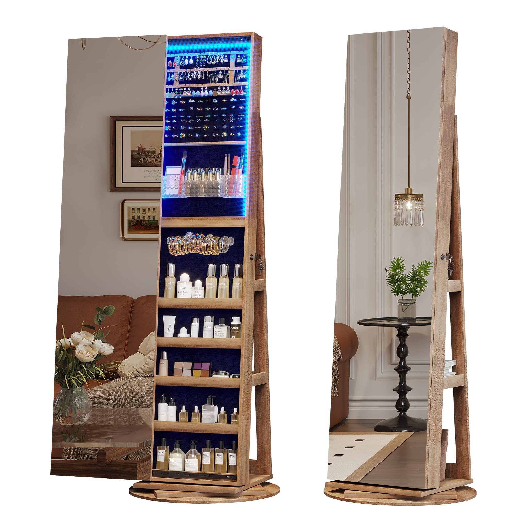 360° Swivel Jewelry Mirror Cabinet with LED Lights - 63