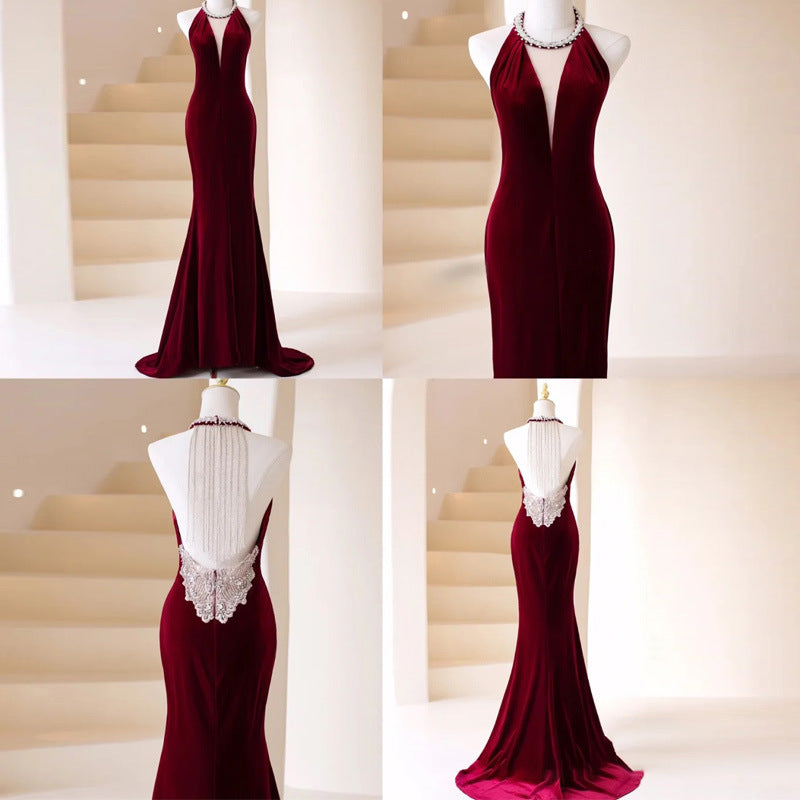 Burgundy Velvet Mermaid Evening Dress - Deep V Neck, Backless with Slit & Tassel Details | Elegant Formal Gown for Prom, Wedding Guest, Cocktail Party & Special Occasions
