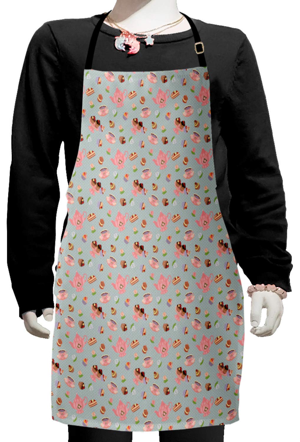 Ambesonne Tea Party Apron - Adjustable Baking & Painting Apron with Cupcake, Cookie & Floral Polka Dot Design - Perfect for British Tea Parties, Baking, Cooking & Arts & Crafts (Small, Multicolor)