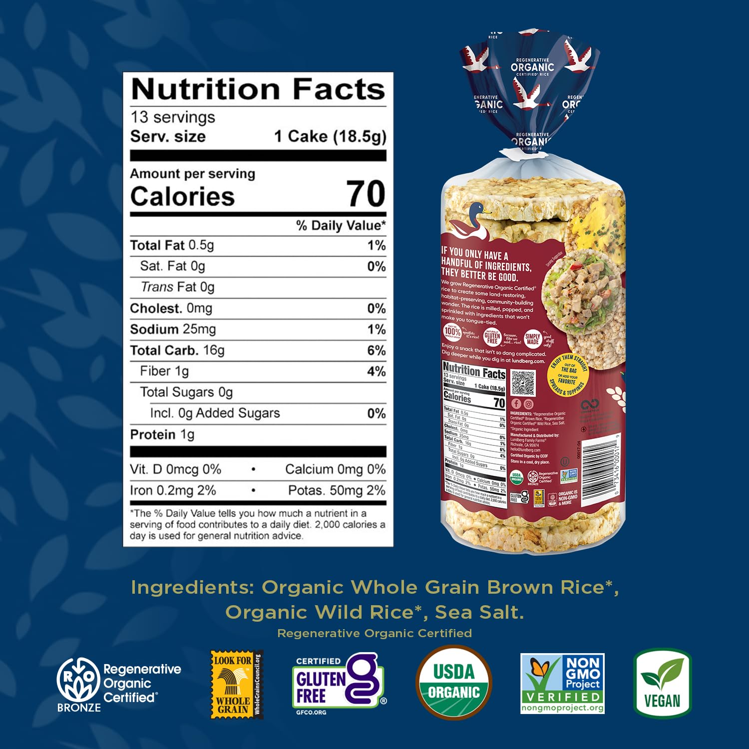 Organic Wild Rice Cakes Lightly Salted – 6-Pack | Regenerative Organic Certified, Gluten-Free & Vegan Healthy Snacks (8.5 Oz Each) – Perfect for On-the-Go Lunches, Office Snacks & Weight Management