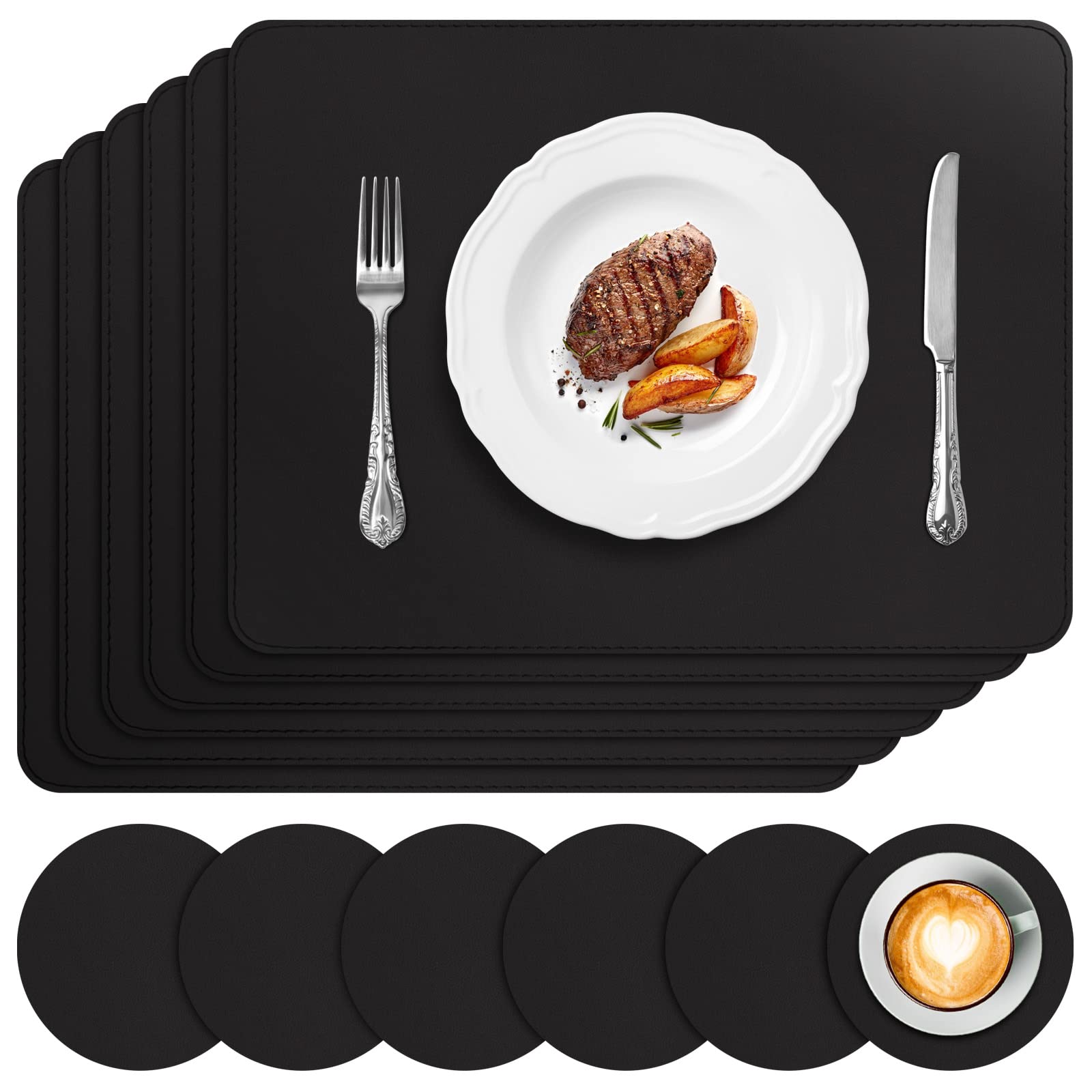 Premium 6-Pack Black Faux Leather Placemats - Waterproof, Heat Resistant, Easy to Clean Vinyl Table Mats for Kitchen & Dining Room Decor - Perfect for Indoor, Outdoor, Parties & Daily Use (Black)