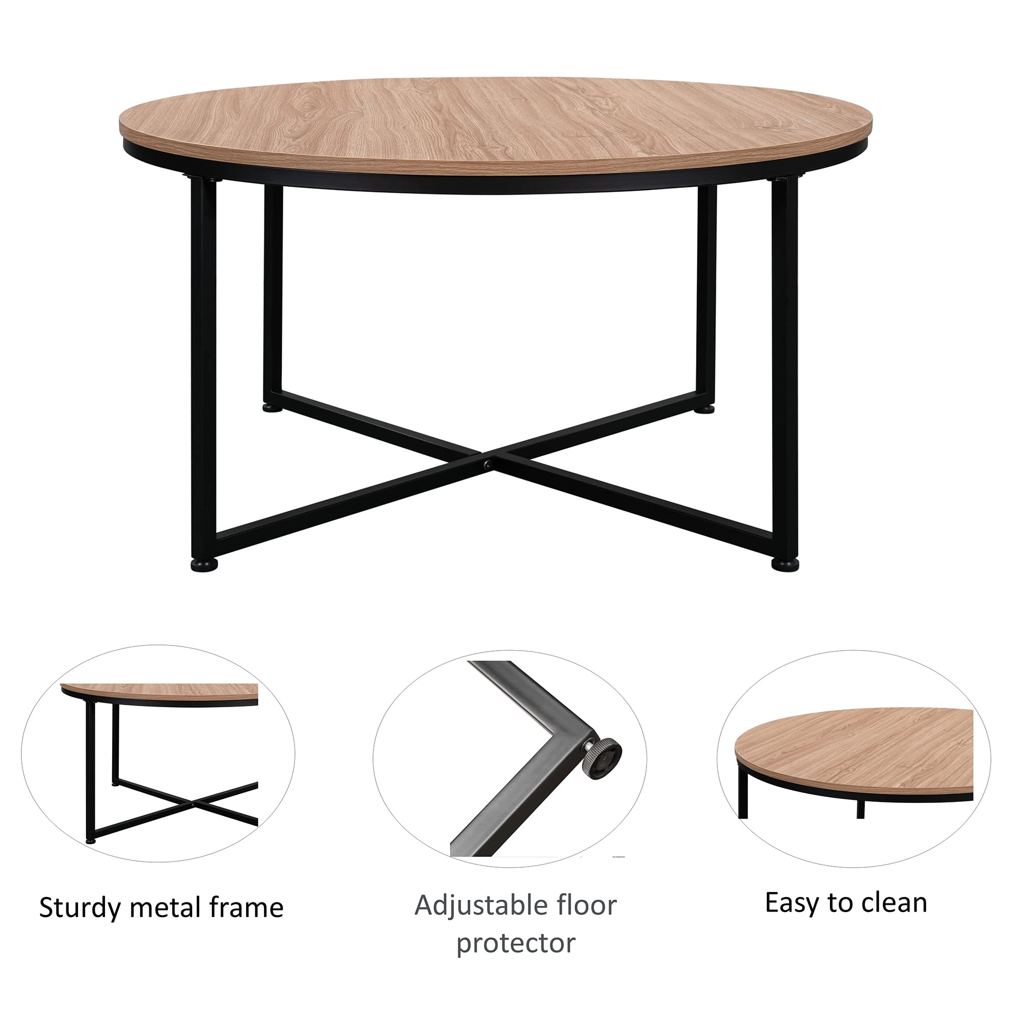 Rustic Round Coffee Table with Wood Top & Metal Frame - Antique Brown Finish for Living Room, Balcony, Home Office - Perfect for Coffee, Books & Decor