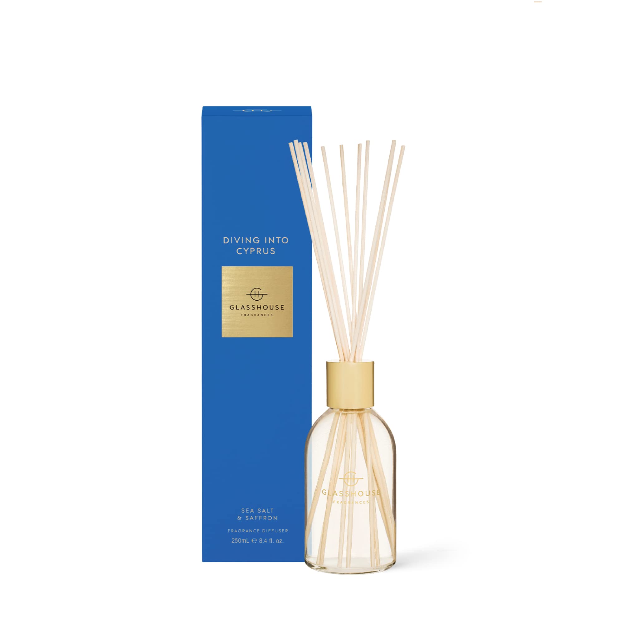 Glasshouse Fragrances Diving Into Cyprus Reed Diffuser - Natural Sea Salt & Saffron Scented Home Fragrance Oil (8.5oz/250mL) | Aromatherapy Room Decor for Living Room, Bedroom & Bathroom