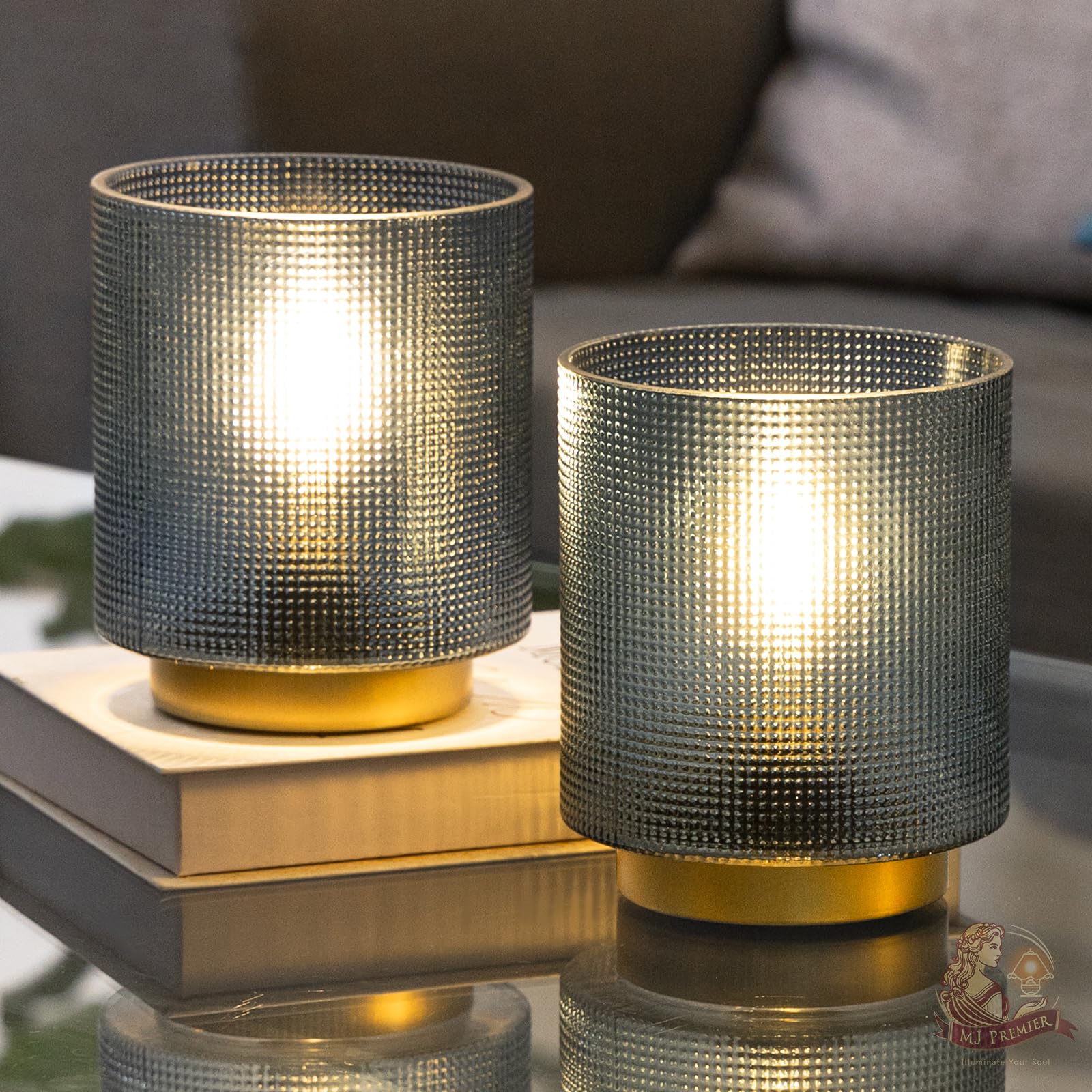 MJ PREMIER Battery Operated Lamp with Timer - Set of 2 Blue Glass Cordless Table Lamps for Bedroom, Living Room, Nightstand - Perfect for Bedside Reading, Romantic Ambiance & Home Decor