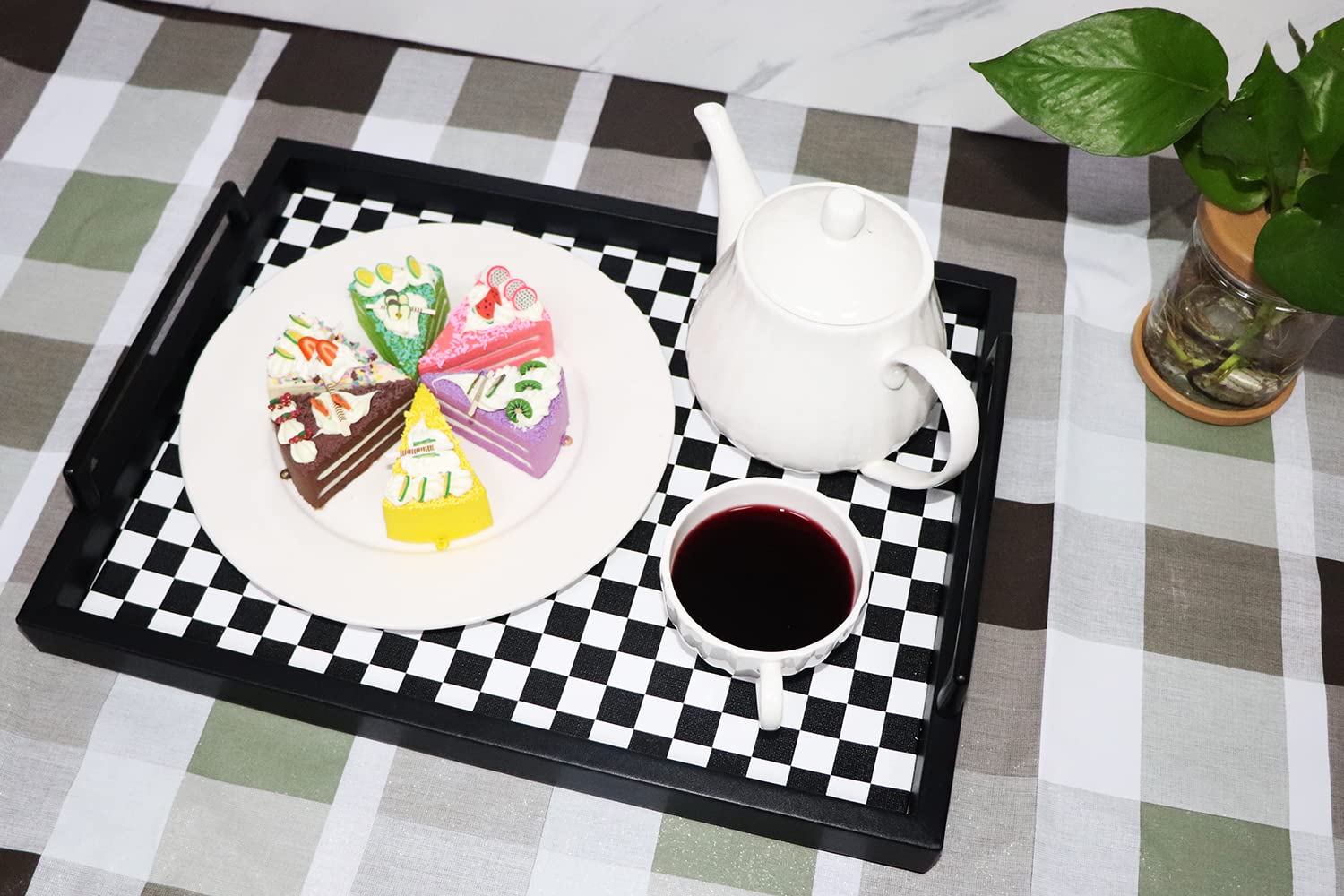 MCBZ Decorative Serving Tray - 16.5 x 12.6 Inch Leather Ottoman Tray with Metal Handles for Coffee Table, Living Room, Bedroom - Black and White Grid Pattern (Perfect for Breakfast in Bed, TV Snacks & Home Decor)