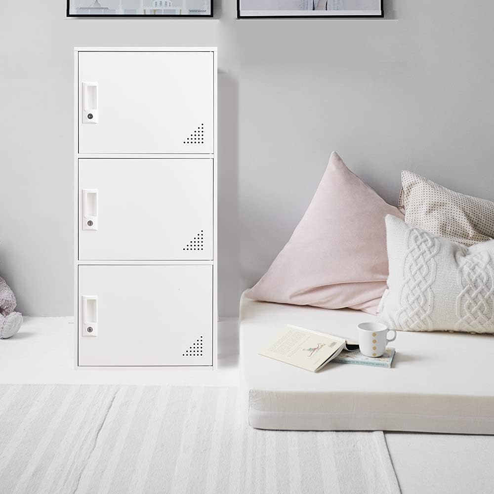 3-Door Metal Locker - Heavy Duty Steel Storage Cabinet with Lock | Secure Vertical Organizer for Office, School, Home & Gym | White Employee Storage Locker for Clothes, Books & Personal Items