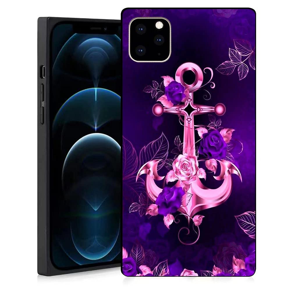 Luxury Square Case for iPhone 11 Pro Max 6.5 Inch - Purple Roses & Pink Anchors Design, Elegant Soft Shock Protection Cover for Men & Women | Perfect for Daily Use, Travel & Gift Giving