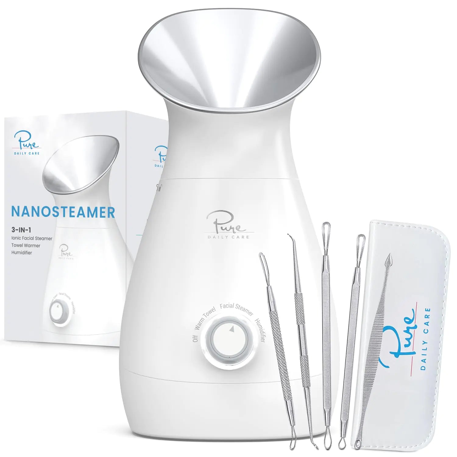NanoSteamer 3-in-1 Ionic Facial Steamer with Temperature Control & Skin Care Kit (Silver) | Professional At-Home Facial Treatment for Glowing Skin