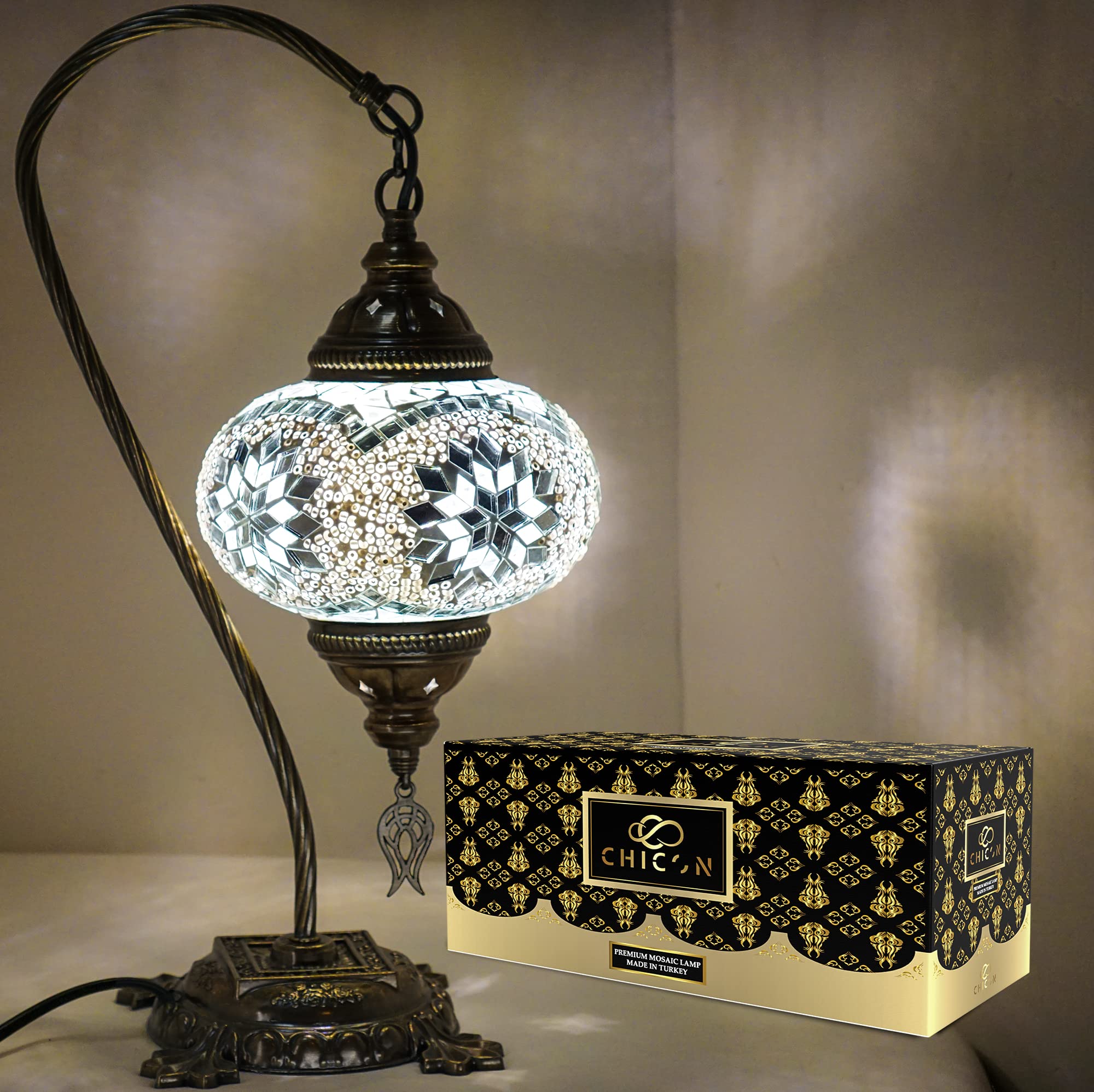 Handmade Mosaic Turkish Lamp - Genuine Glass Tiffany Style Boho Table Lamp with Swan Flower Design in White | Perfect for Living Room, Bedroom Decor & Bohemian Home Accent | Moroccan Vintage Antique Lighting for Cozy Atmosphere