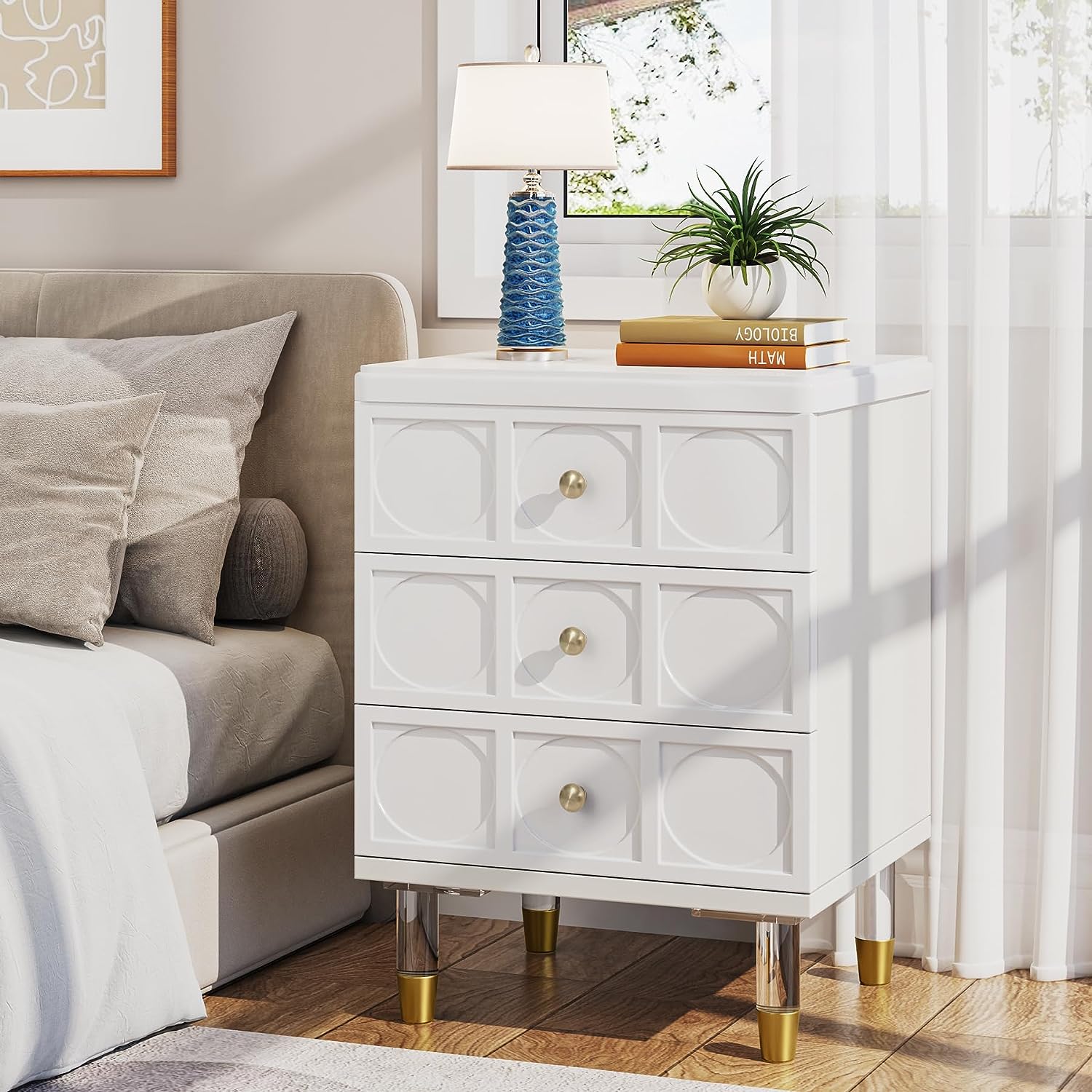 3 Drawer Nightstand Bedside Table with Acrylic Metal Legs - Modern Bedroom Storage for Small Spaces, Apartment Living & Guest Rooms