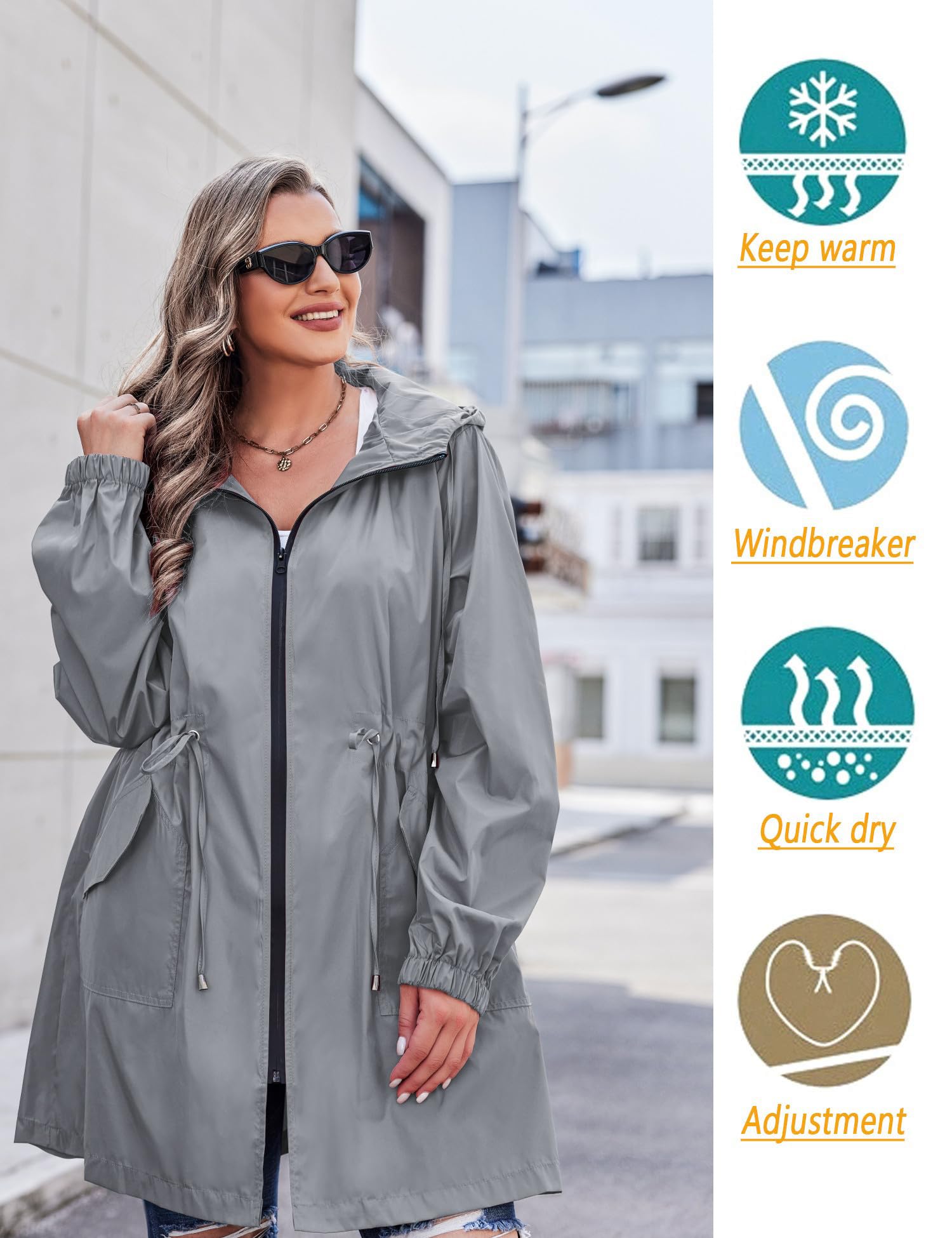 IN'VOLAND Women's Waterproof Rain Jacket Plus Size Long Hooded Windbreaker Lightweight Raincoat with Pockets - Perfect for Outdoor Hiking, Commuting & Travel