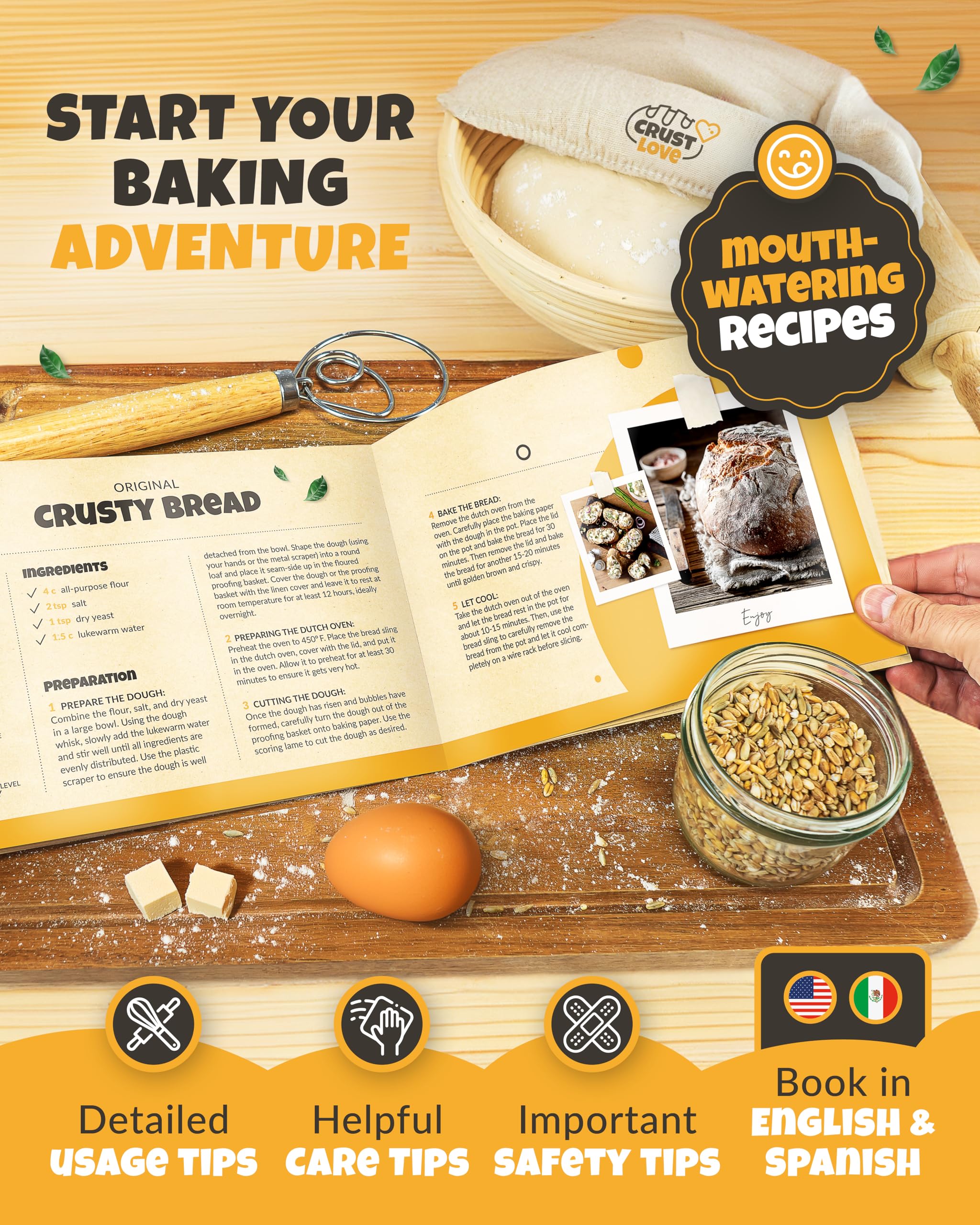 5QT Cast Iron Dutch Oven for Bread Baking - Includes Sourdough Bread Making Kit with Banneton Proofing Basket, Lame & Tools - Perfect for Artisan, Homemade Sourdough, No-Knead Bread Baking at Home