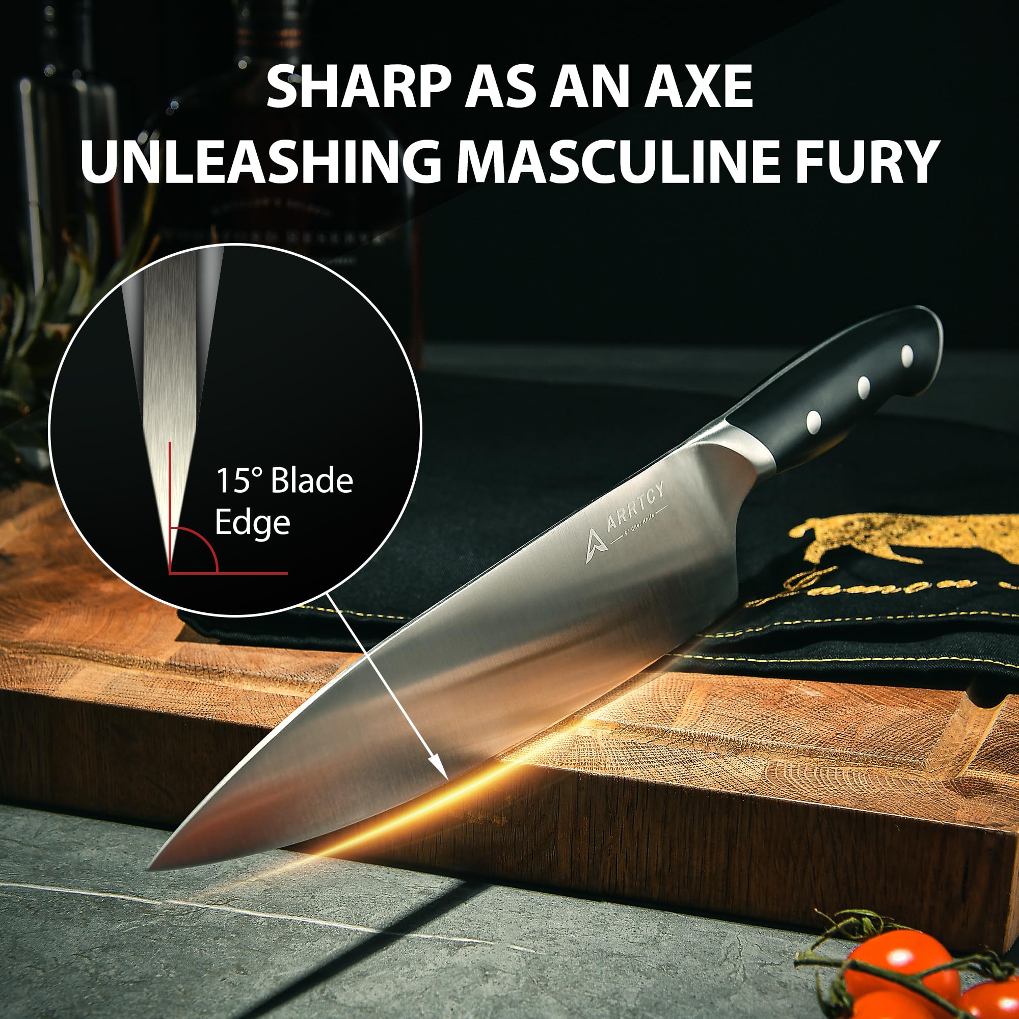 15-Piece High Carbon Stainless Steel Knife Set with Block & Sharpener - Ultra Sharp Chef Knives for Kitchen - Dishwasher Safe, Ergonomic Triple Rivet Handle - Perfect for Cooking, Slicing, Meal Prep & Professional Chefs