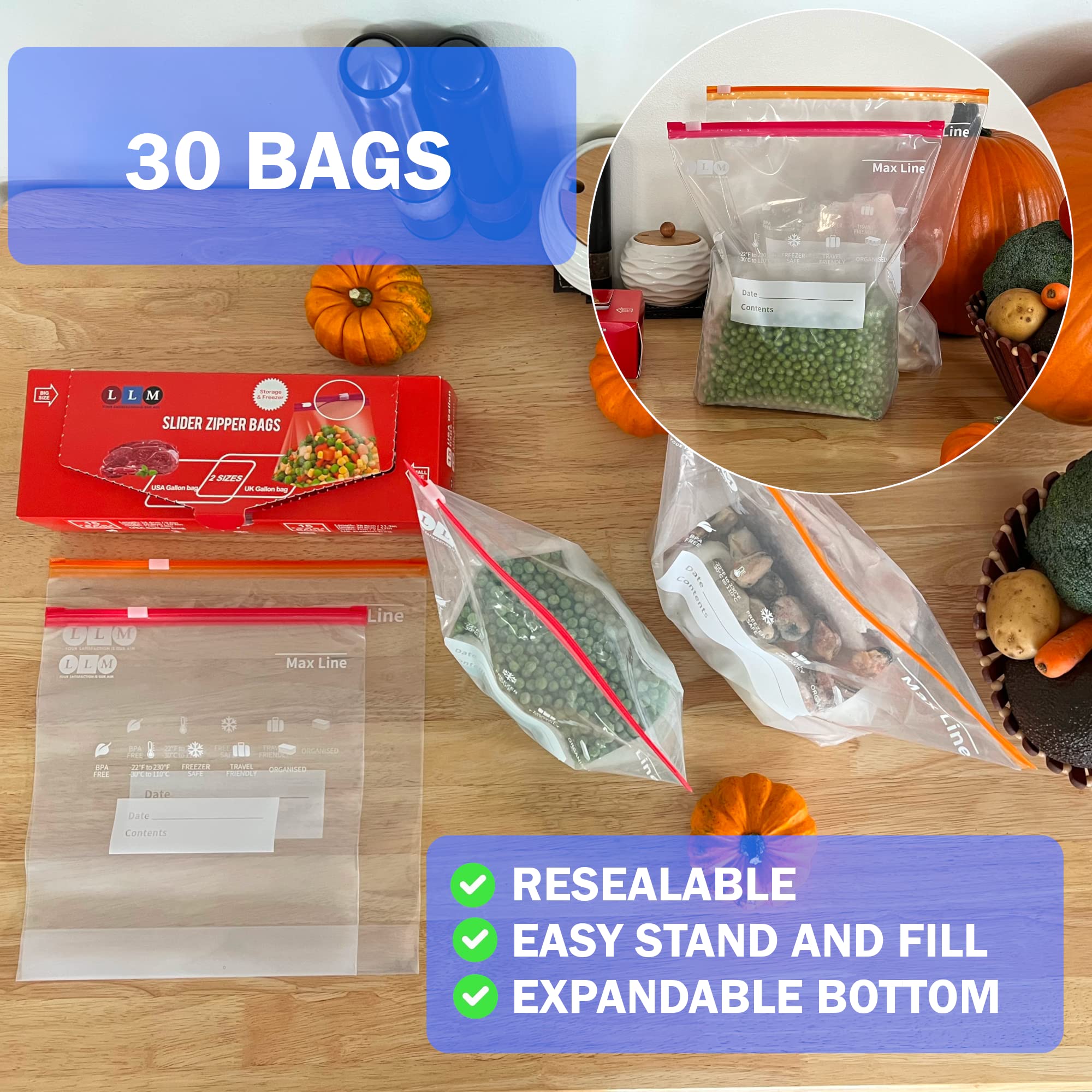 LLM Premium Gallon Freezer Bags - Heavy Duty Stand & Fill Expandable Bottom Ziplock Bags (30 Pack) | BPA Free Food Storage Solution for Freezing, Meal Prep & Bulk Groceries | Includes Both US & UK Gallon Sizes