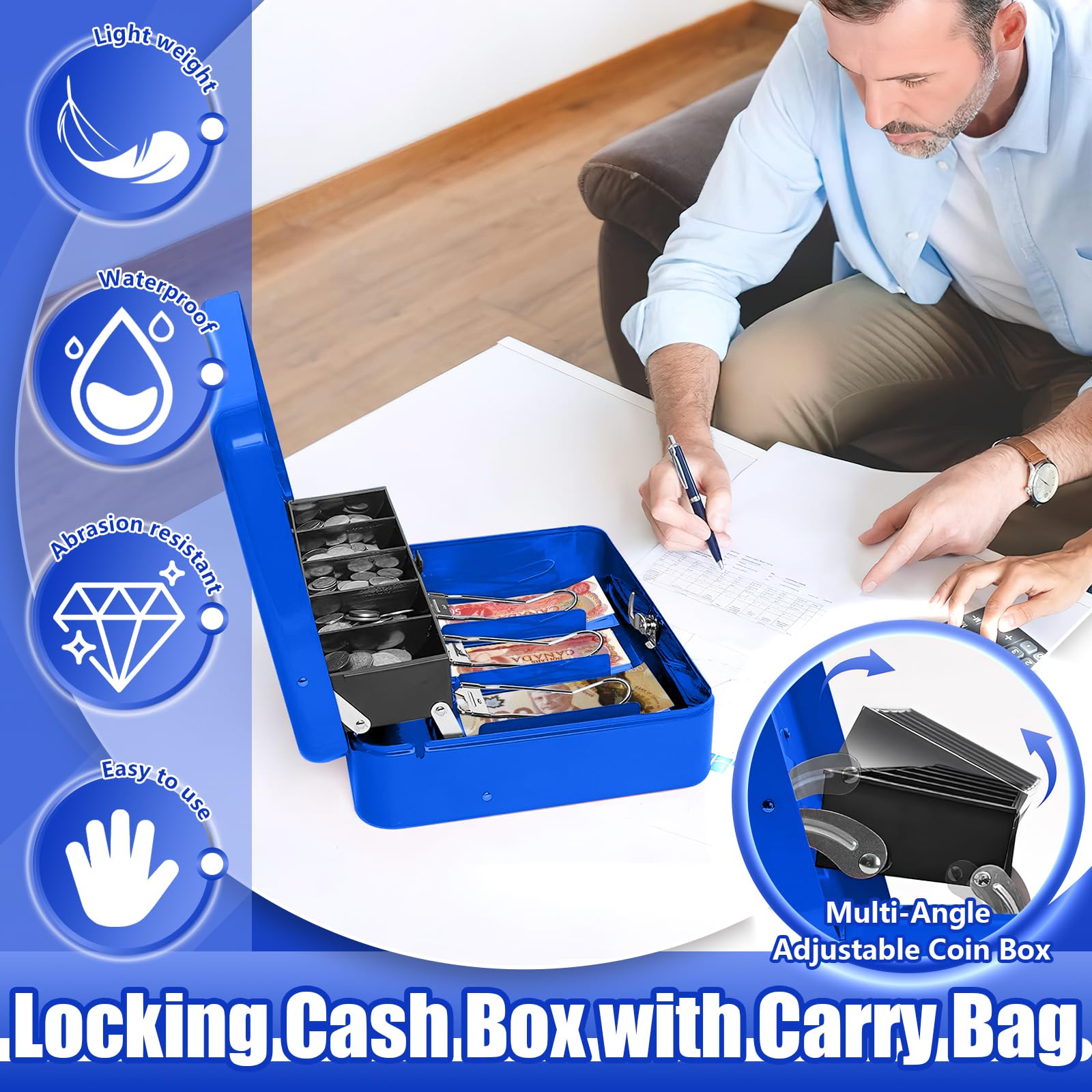 Large Metal Cash Safe Box - Secure Money Lock Box for Storing Cash, Coins, Watches & Valuable Jewelry (Blue) - Perfect for Home, Office & Travel Security