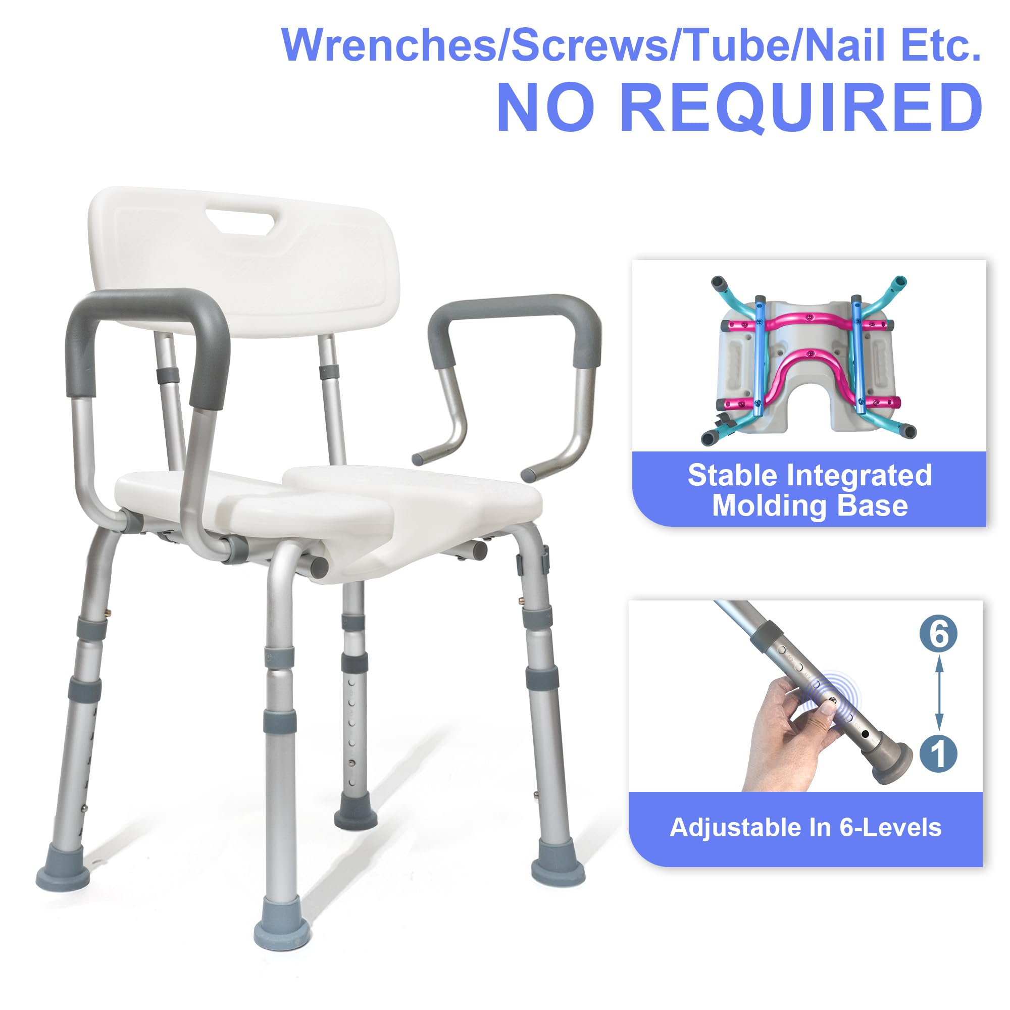 Anti-Slip Shower Chair with Arms and Back Support - U-Shaped Cutout for Easy Cleaning - Ideal for Seniors, Disabled & Handicap Users - Perfect for Bathroom Safety and Elderly Care