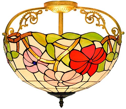 Vintage Tiffany Style Stained Glass Ceiling Lamp - 16 Inch Retro Garden Pendant Light Fixture for Bedroom, Hallway, Balcony & Indoor Decor | Classic Art Glass Lighting for Home, Cafe, Restaurant & Office Spaces