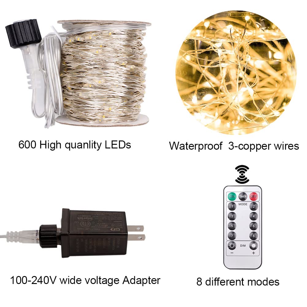 200FT LED Fairy String Lights with 600 LEDs - Waterproof Outdoor/Indoor Plug-In Lights with Remote Control - Perfect for Bedroom, Living Room, Backyard, Patio, Garden, Wedding & Christmas Decorations