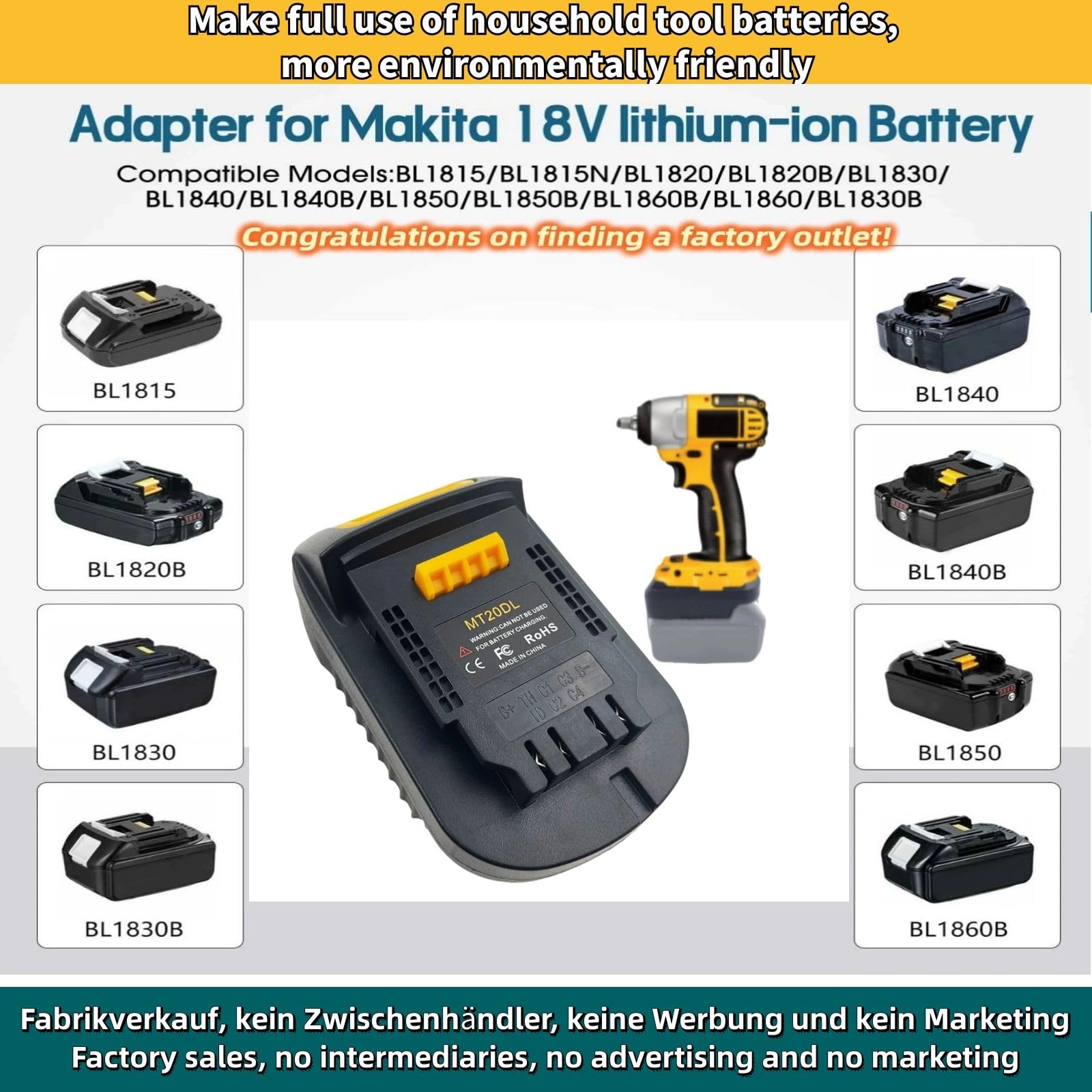 DeWalt 20V to Makita 18V Battery Adapter - MT20DL Converter for BL1430 BL1860 BL1815 Li-ion to DeWalt DCB200 18V/20V Lithium-Ion - Power Tool Accessory for DIY, Construction & Woodworking Projects