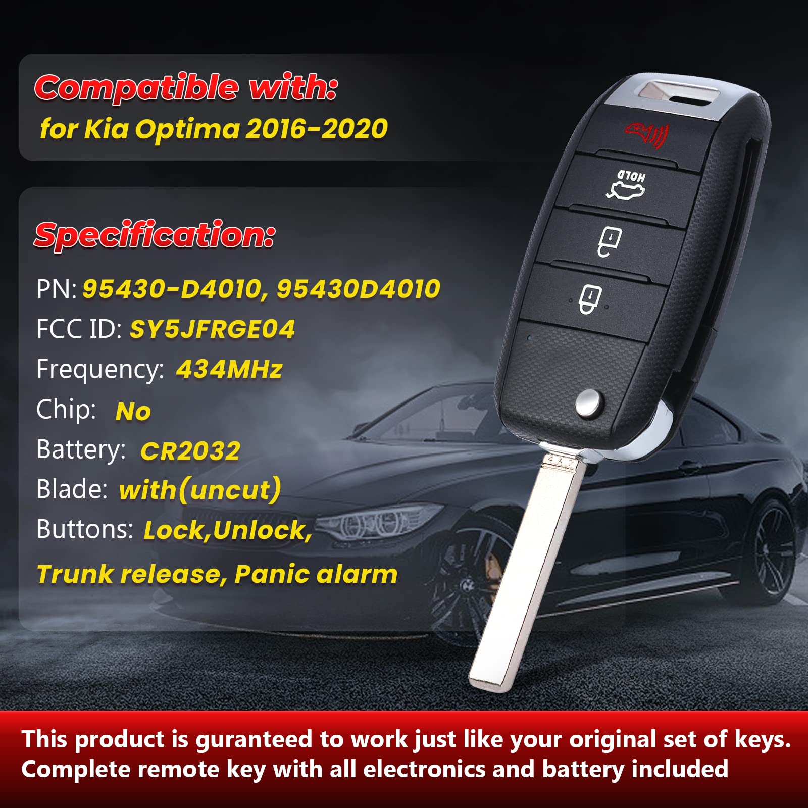 Kia Optima Flip Remote Key Fob (2016-2020) - 4 Button 434MHz Keyless Entry Car Control Transmitter with FCC ID SY5JFRGE04 | Replacement for P/N 95430-D4010 | Perfect for Lost/Damaged Keys & Remote Start Access