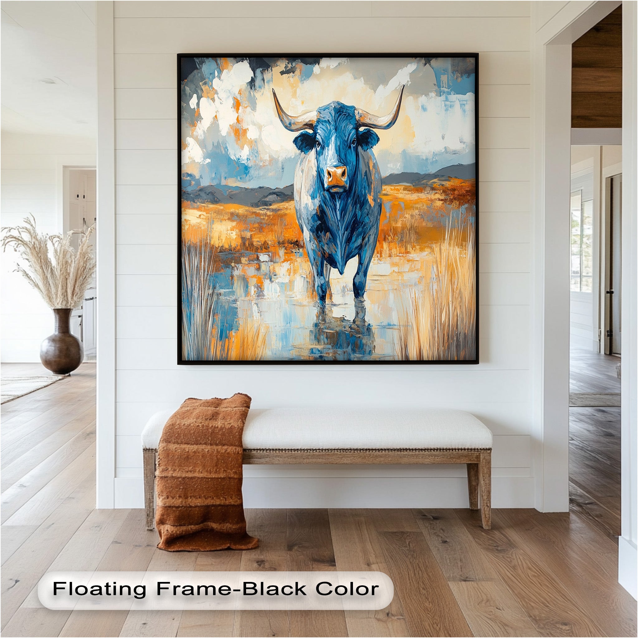 Blue Desert Bull - Hand Painted Animal Oil Canvas Artwork | Western Wildlife Decor for Living Room, Bedroom & Office