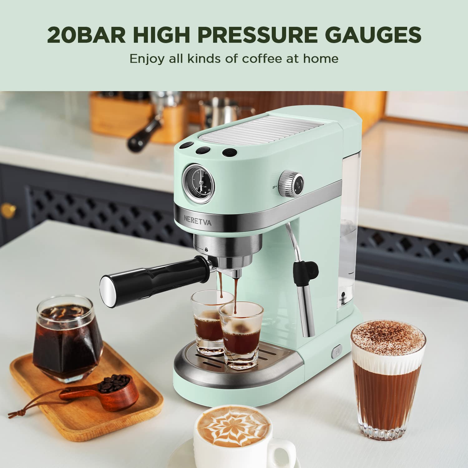 Neretva 20 Bar Espresso Coffee Machine with Steam Wand - Compact Home Espresso Maker for Latte, Cappuccino & Americano, 1350W Italian High Pressure Coffee Machine (Mint Green) - Perfect for Home Baristas & Coffee Lovers