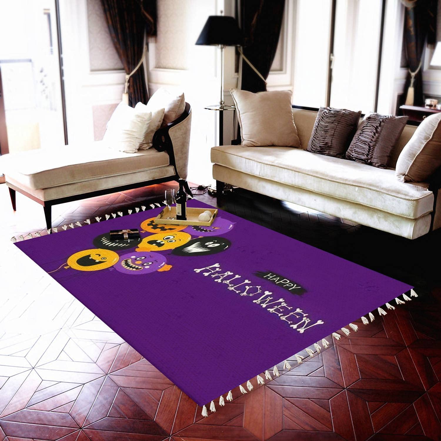 Boho Halloween Party Rug - Spooky Bones Cartoon Design Area Carpet for Patio, Hallway Runner, Living Room & Bedroom - Indoor/Outdoor Minimalist Home Decor | Perfect for Halloween Decorations, Themed Parties & Cozy Home Styling