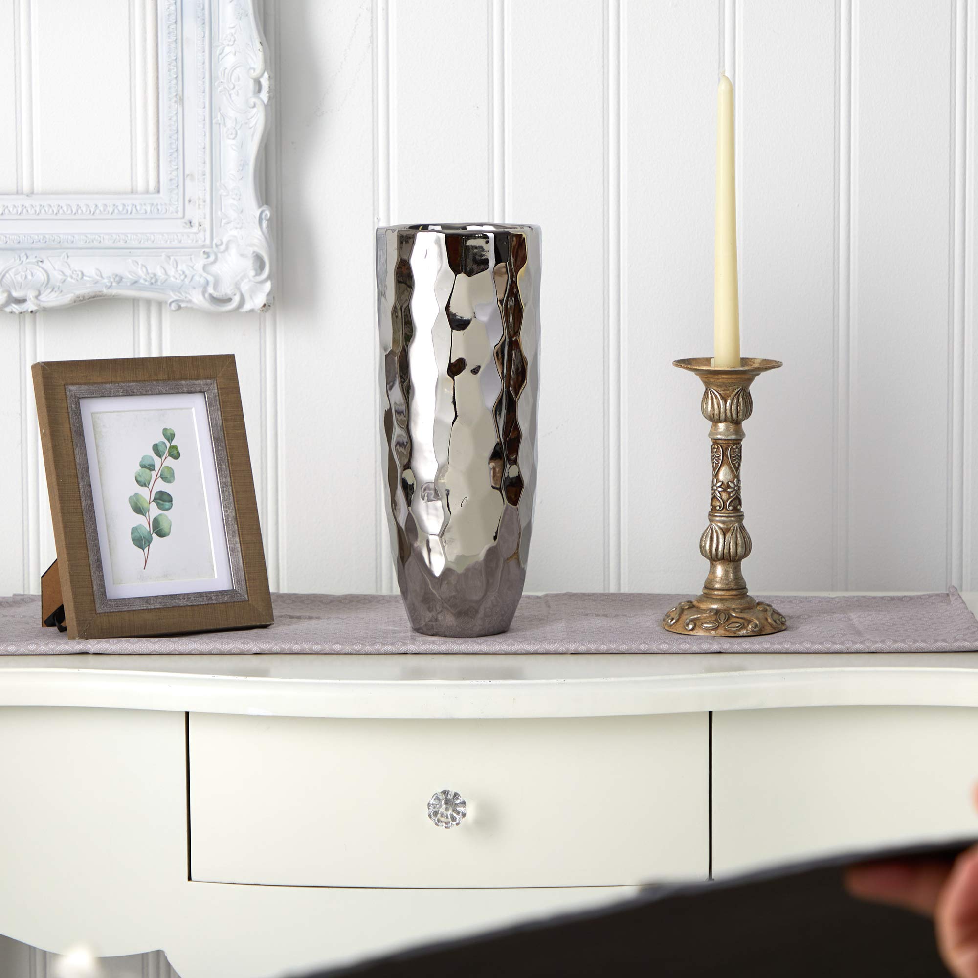 Nearly Natural 13 Inch Silver Cylinder Vase - Elegant White Home Decor for Centerpieces, Weddings & Modern Interior Design
