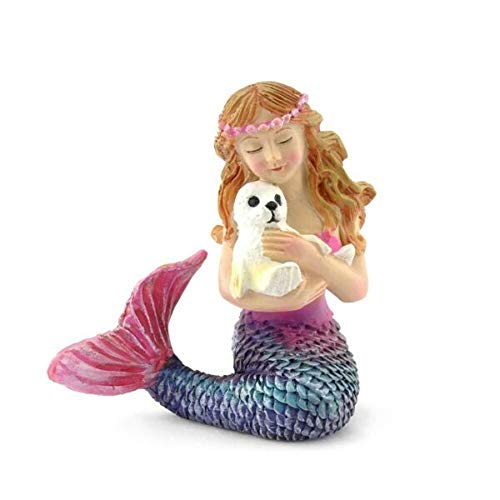 Miniature Mermaid Holding Seal Fairy Garden Statue - Whimsical Terrarium Decor for Garden, Patio, Deck, Porch & Dollhouse | Perfect for Fairy Gardens, Terrariums, and Outdoor Yard Art Decorations