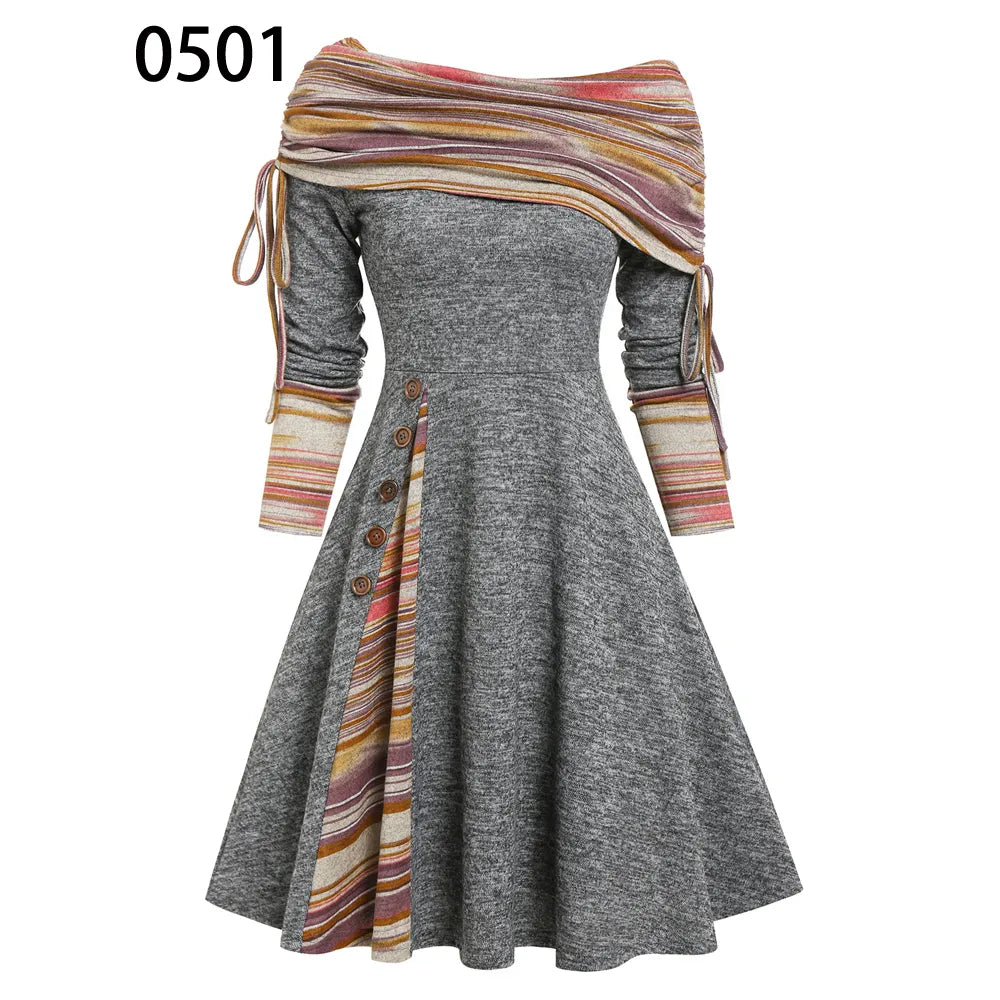 **Women's 2024 Striped Knit Convertible Dress - Off Shoulder, Long Sleeve, Cinched Waist & Flare Hem | Perfect for Date Night, Parties & Casual Outings**