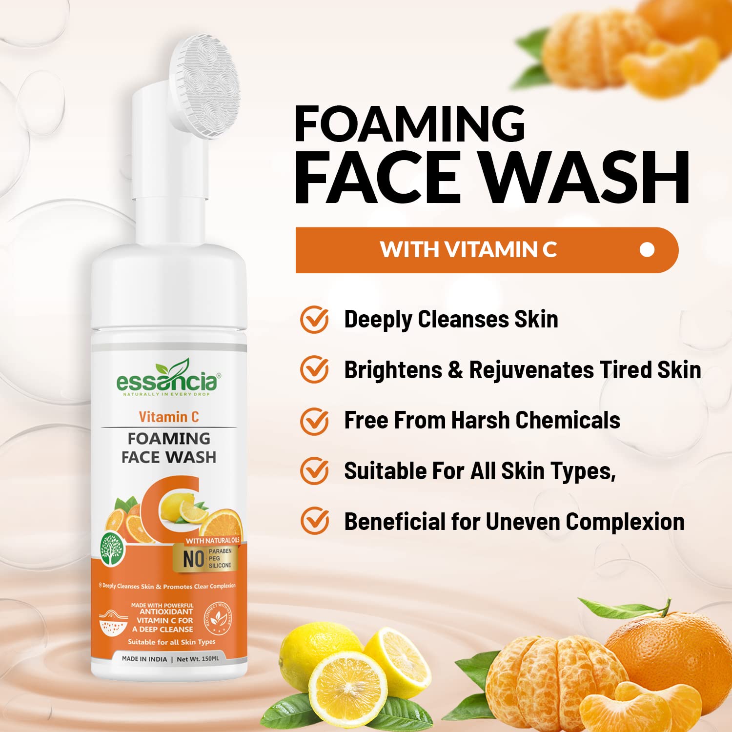 Essencia Vitamin C Foaming Face Wash with Silicone Brush - Deep Cleansing, Brightening & Rejuvenating Facial Cleanser for Men & Women | Paraben-Free, Silicone-Free | Perfect for Daily Skincare & Travel (150ml)
