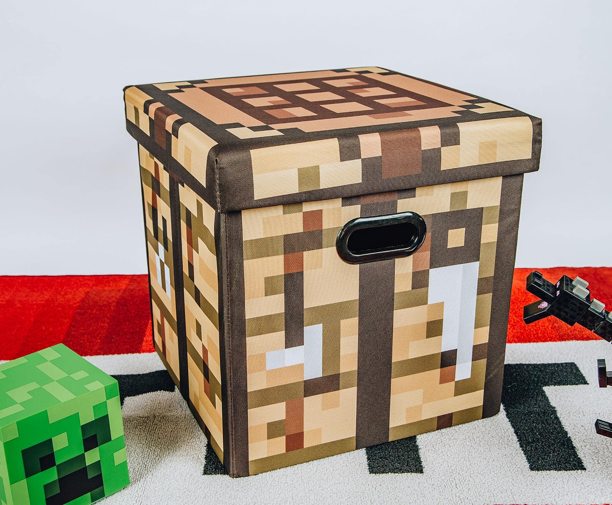 Official Minecraft Crafting Table 15-Inch Foldable Storage Bin with Lid - Fabric Basket Organizer Cube with Handles, Brown Closet Organizer - Perfect for Bedroom, Playroom & Video Game Collectible Storage