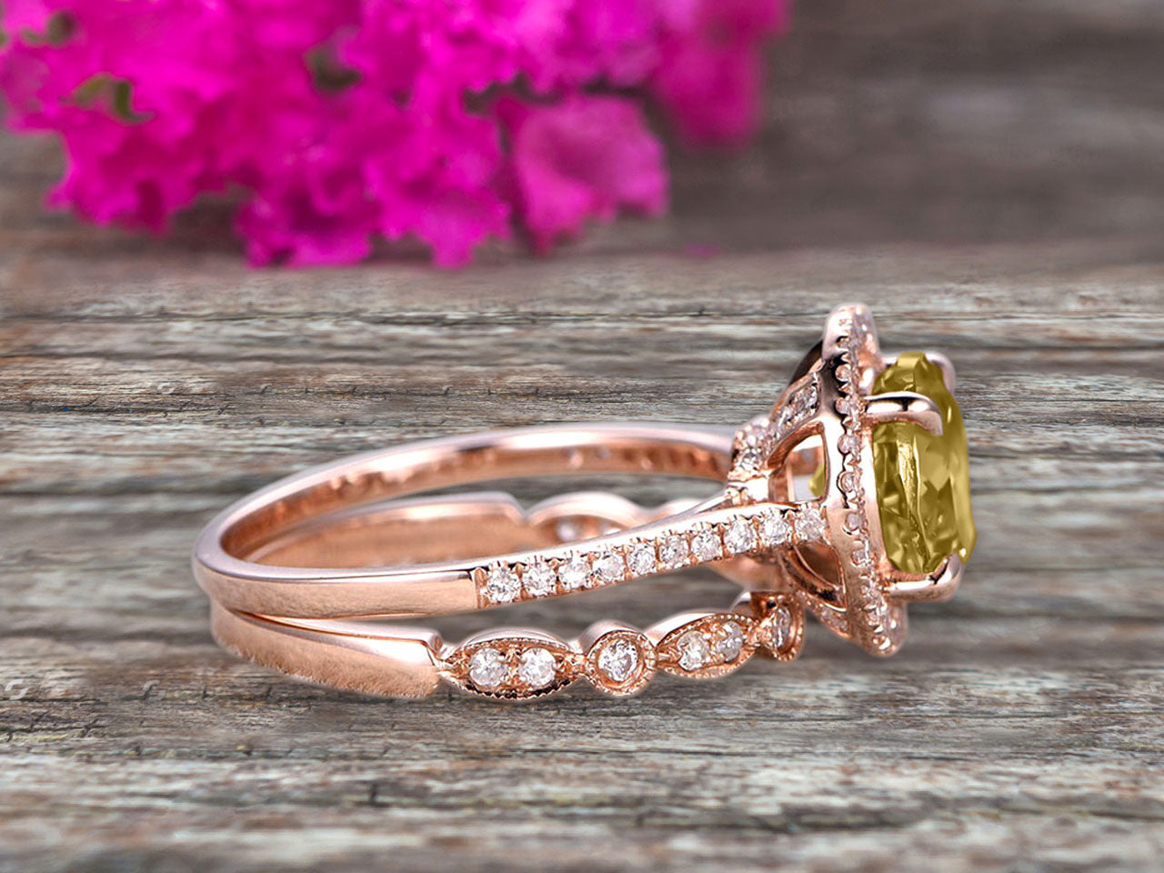 2 Carat Round Cut Champagne Diamond Moissanite 10k Rose Gold Wedding Ring Set - Half Eternity Band, Art Deco Stackable Engagement Ring with Halo & Milgrain Detailing - Perfect for Bridal Jewelry, Anniversary Gifts & Stacking Rings Collection