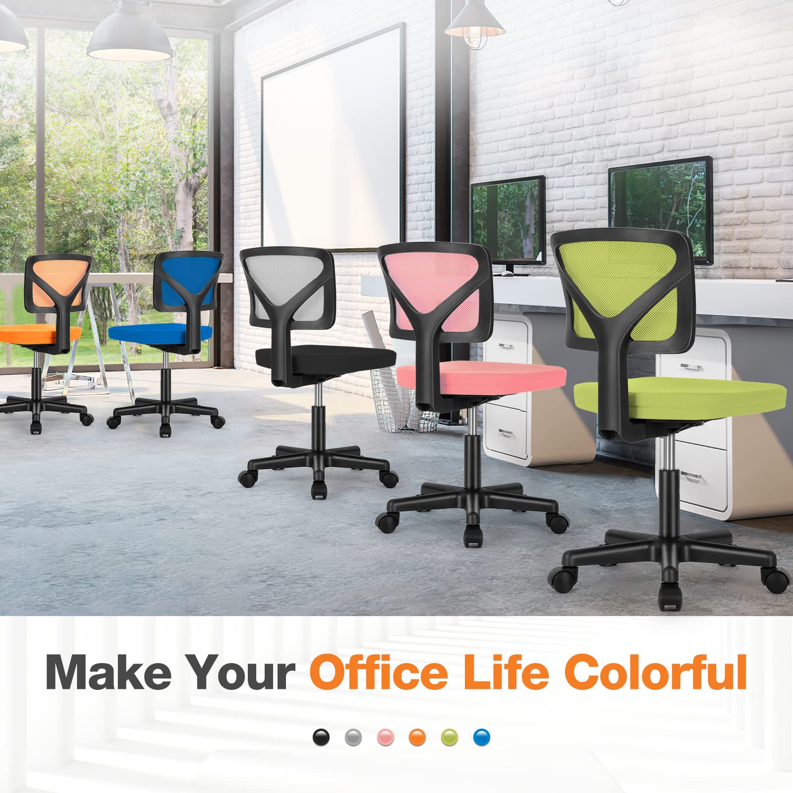 Ergonomic Armless Small Home Office Desk Chair - Adjustable Low Back Computer Chair with Lumbar Support & Rolling Swivel Wheels for Small Spaces (1 Pack) - Perfect for Compact Home Offices, Dorm Rooms & Workspaces