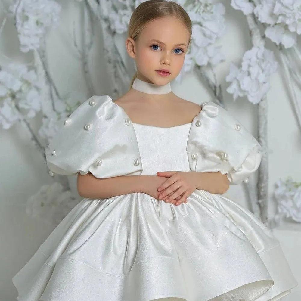 Elegant Scoop Neck Puff Skirt Flower Girl Dress for Weddings, Parties & Special Occasions - Floral Lace Tea-Length Formal Gown