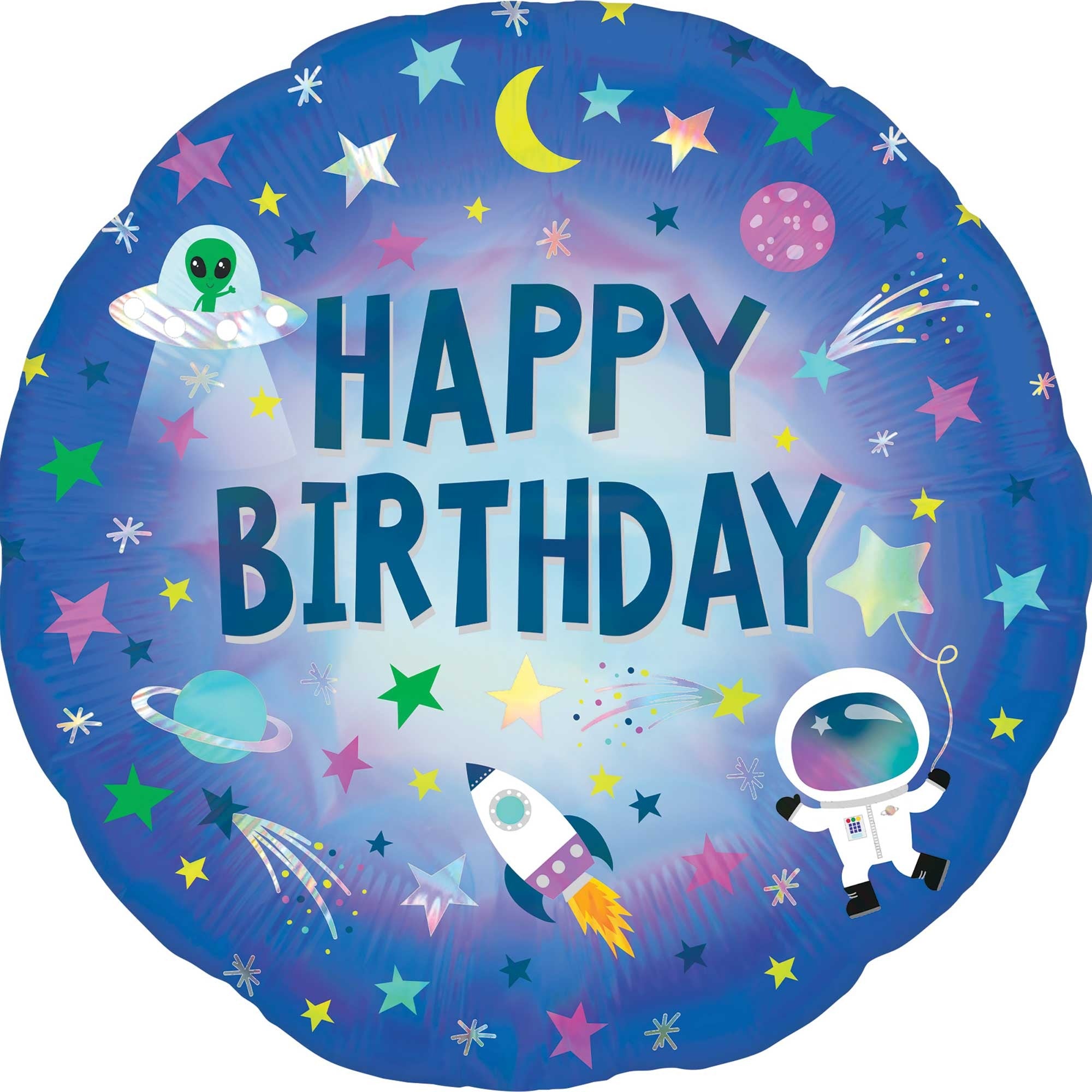 45cm Standard Holographic Happy Birthday Outer Space Balloon - Perfect for Space Themed Parties, Baby Showers & Cosmic Celebrations