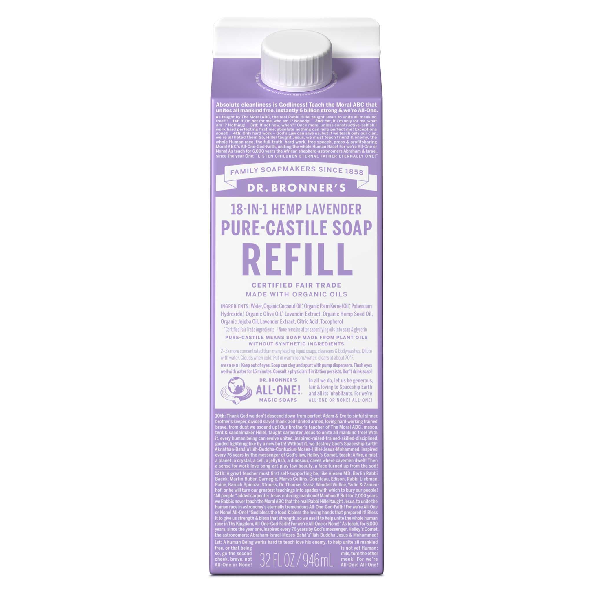 Dr. Bronner's Pure-Castile Liquid Soap Refill - 32oz Lavender, Organic Certified, 82% Less Plastic - 18-in-1 Uses: Face Wash, Body Wash, Hand Soap, Shampoo, Household Cleaner - Perfect for Eco-Friendly Home, Travel & Camping