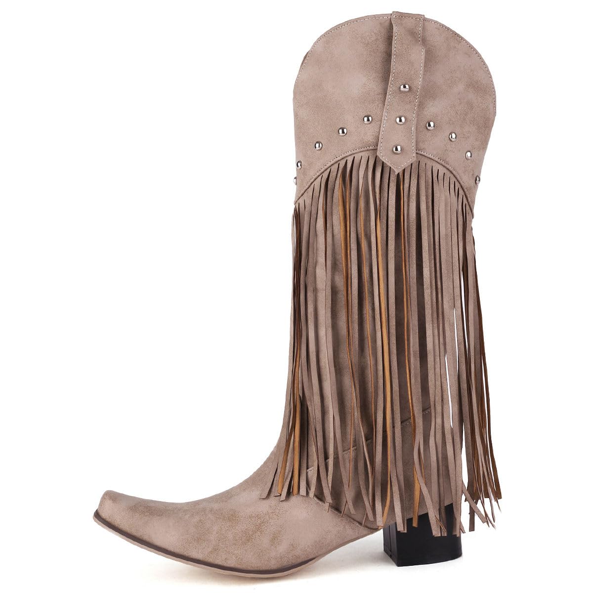 KISSASA Fringe Mid Calf Cowboy Boots for Women - Studded Western Cowgirl Boots with Snip Toe & Chunky Heel | Pull On Ankle Boots for Country Dancing, Rodeo & Fashion Outfits