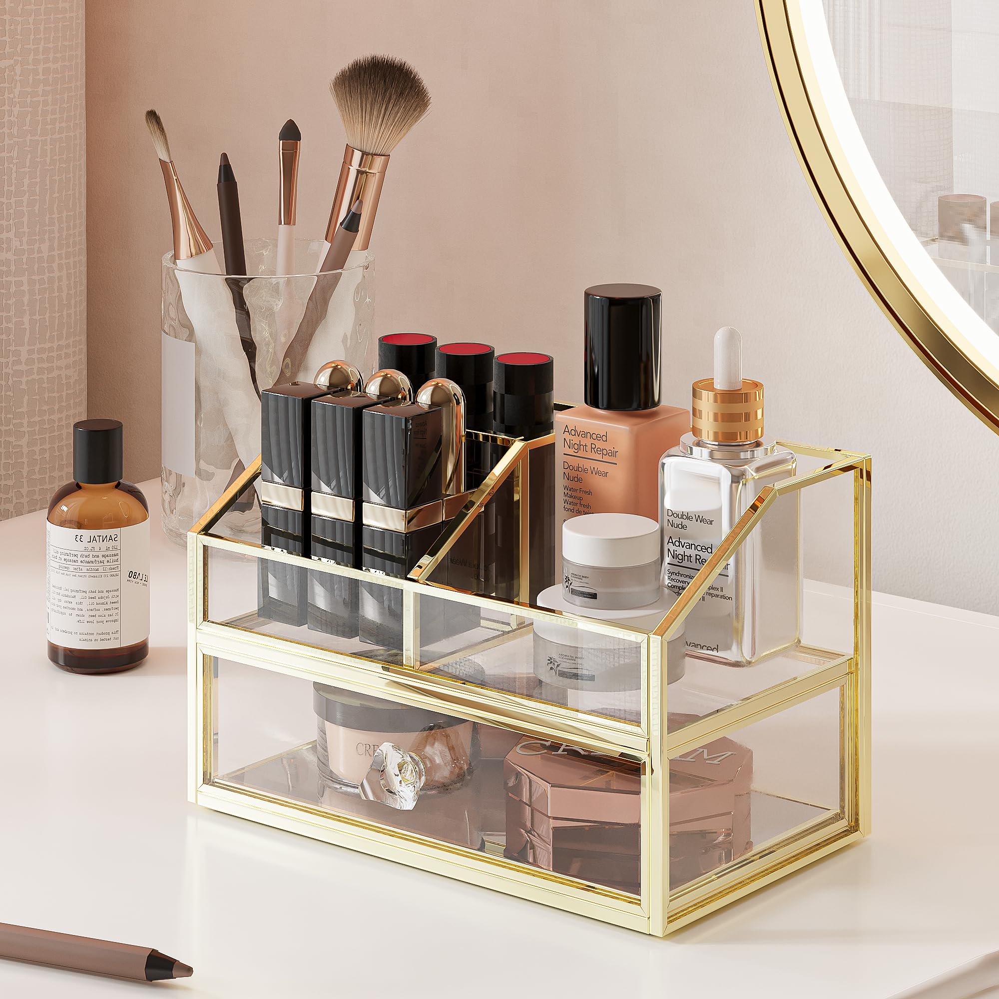 Clear Glass Makeup Organizer for Vanity & Jewelry - Bathroom & Dresser Storage