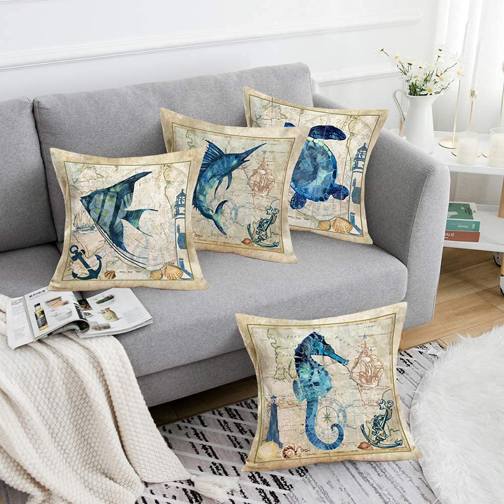 Xihomeli 18x18 Inch Beach Ocean Theme Throw Pillow Covers Set of 4 - Blue Sea Horse, Turtle, Swordfish & Angel Fish Design - Cotton Linen Blend for Sofa, Bed, Couch Decor - Perfect for Coastal, Nautical & Beach House Living Room Bedroom Decoration