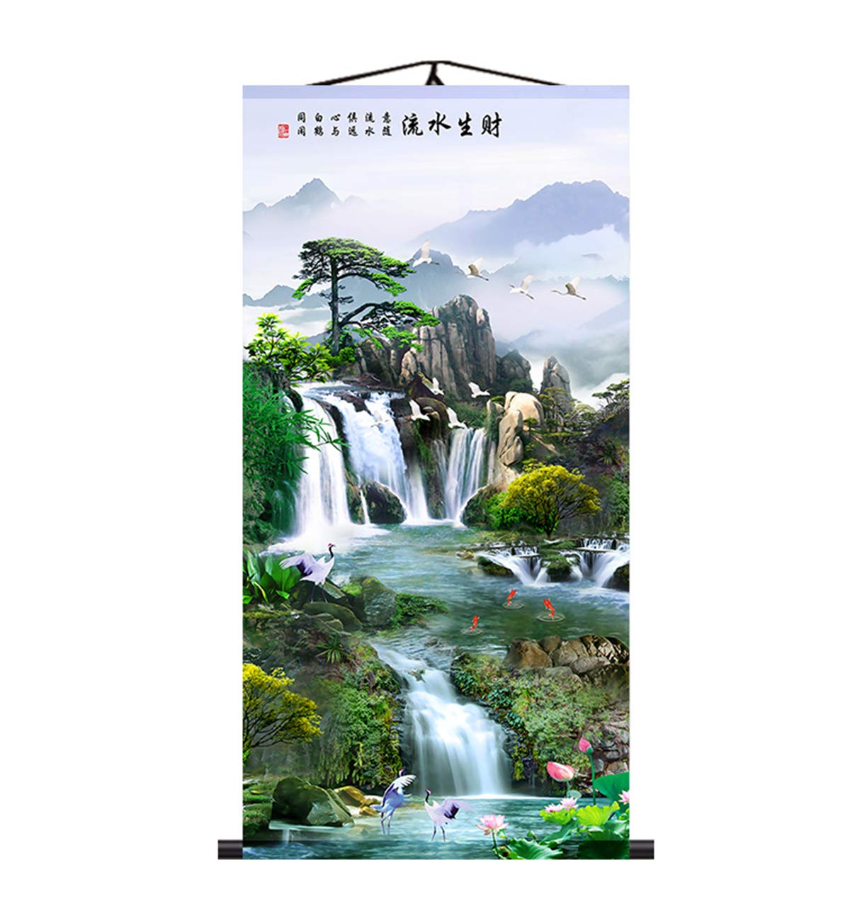Zzooi Chinese Feng Shui Wall Art - Hand-Painted Silk Scroll with Auspicious Animals & Waterfall Landscape for Home & Office Decor | Perfect for Living Room, Bedroom & Meditation Space