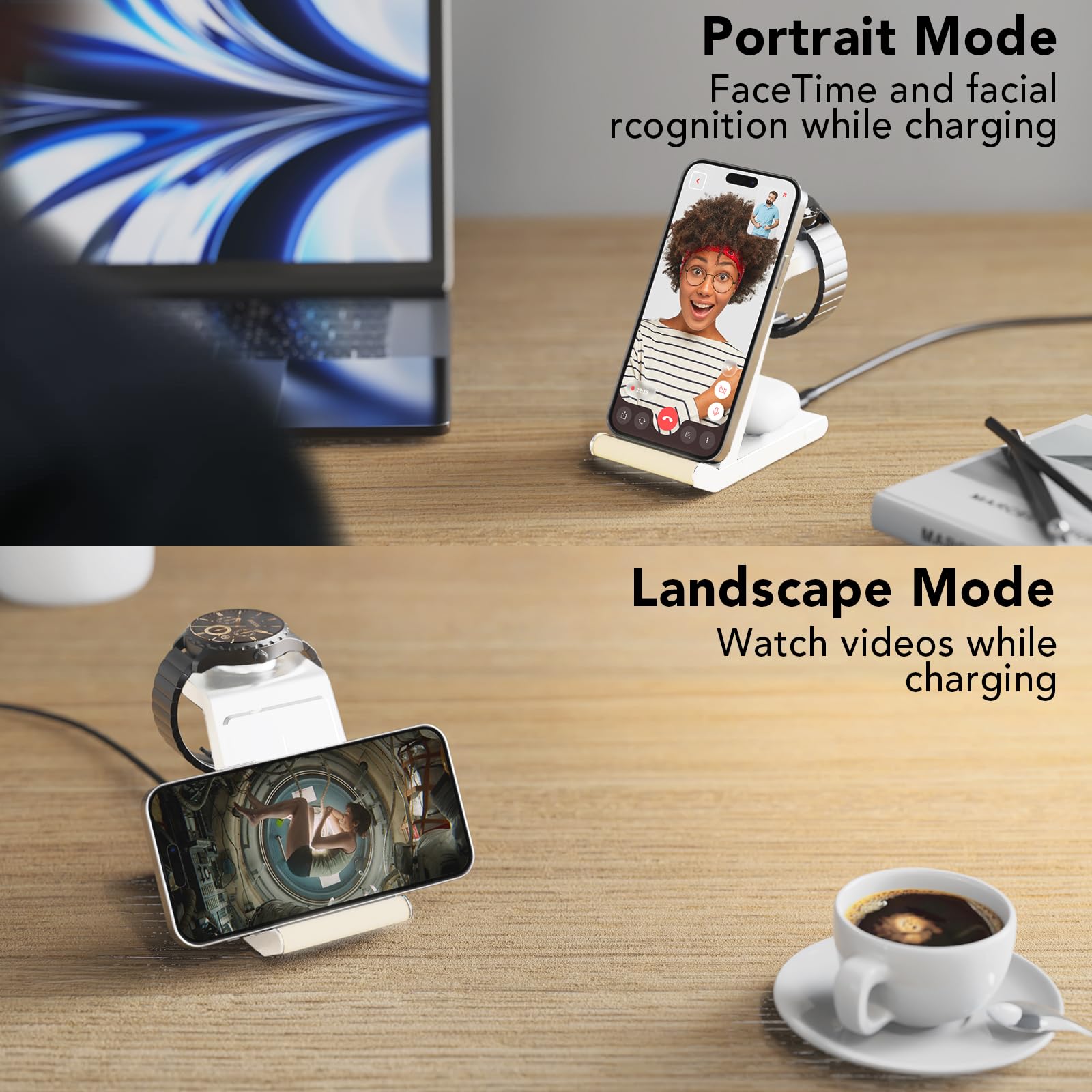 HATALKIN 3-in-1 Wireless Charging Station for Fossil Watch Gen 6/5/5E/4 - Compatible with iPhone 15/14/13/12/11, AirPods & Pixel/Galaxy - Fast Charging Stand for Bedside, Office & Travel