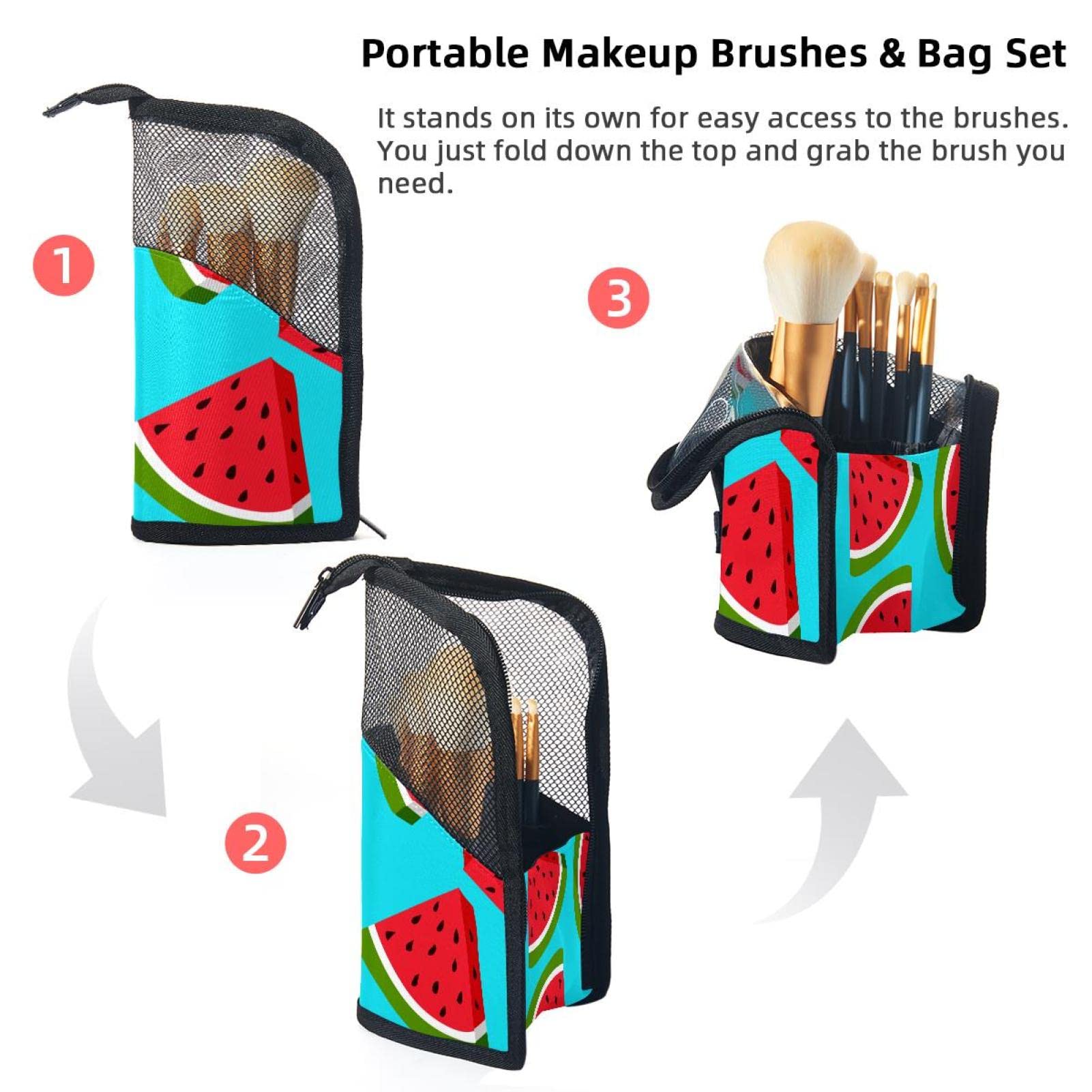 12-Piece Makeup Brush Organizer Bag with Watermelon Print - Portable Cosmetic Brush Holder Case for Travel & Home Storage | Green Background Makeup Brush Set for Professional & Everyday Use